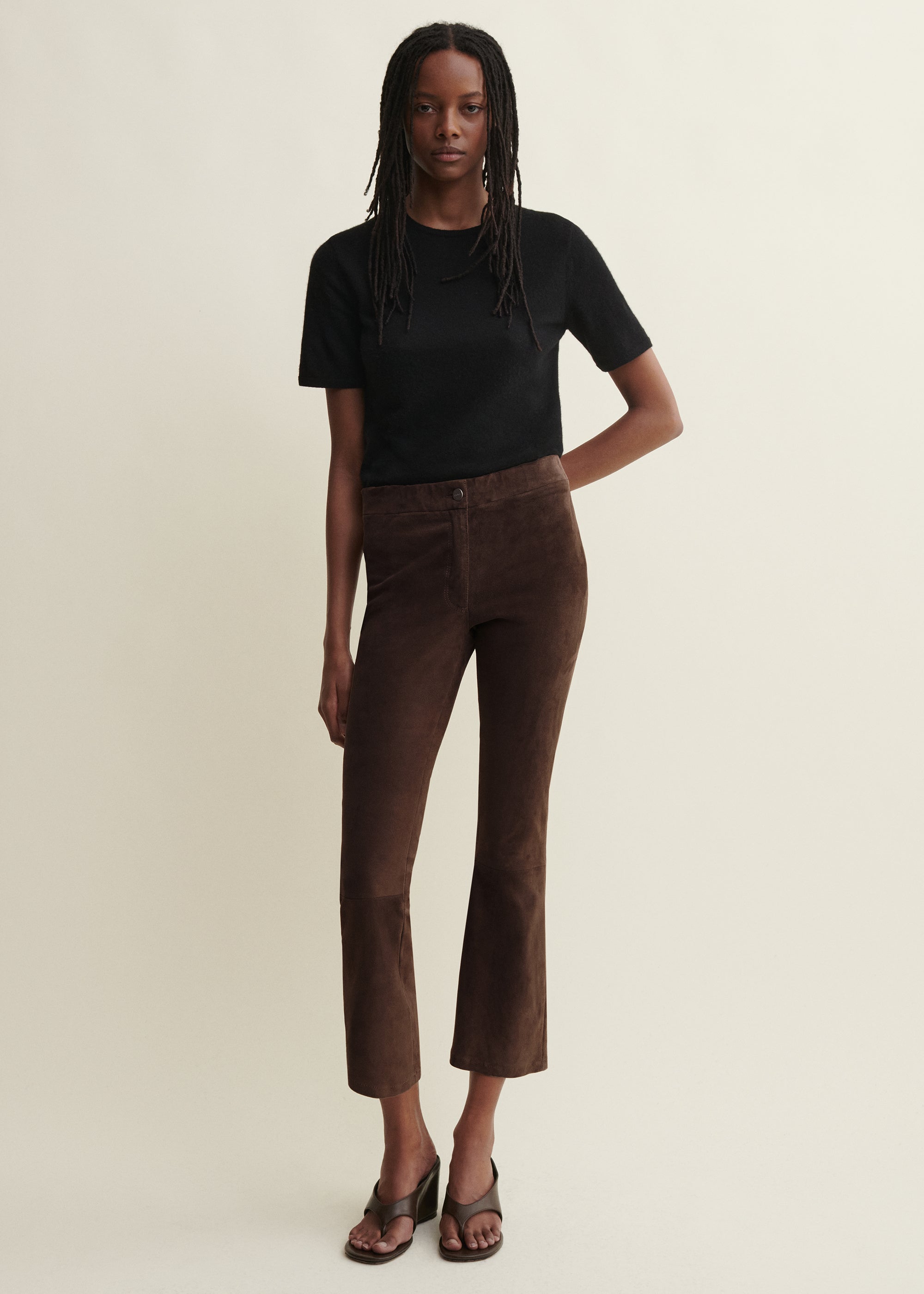 LIVELY | Suede Cropped Flare Trousers | MUD BROWN