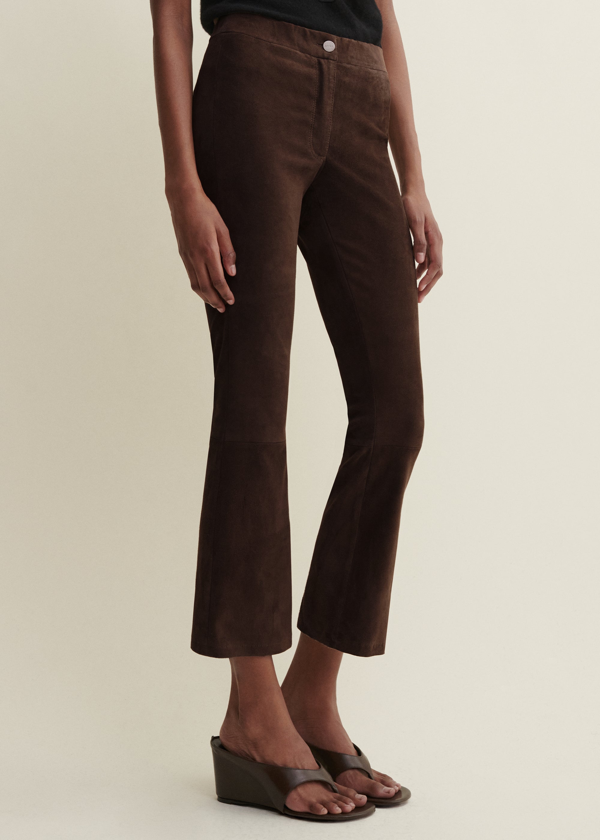 LIVELY | Suede Cropped Flare Trousers | MUD BROWN