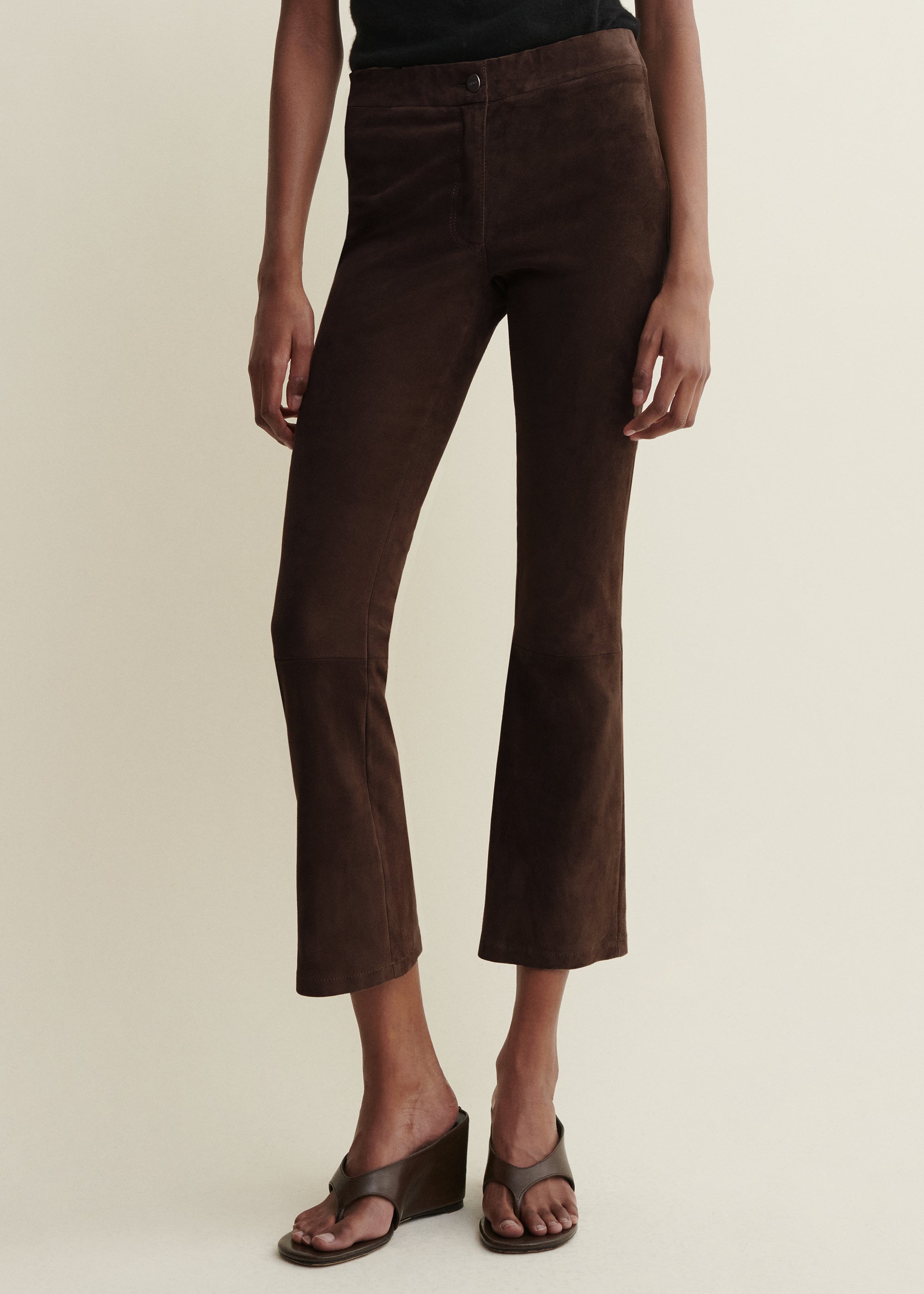 LIVELY | Suede Cropped Flare Trousers | MUD BROWN