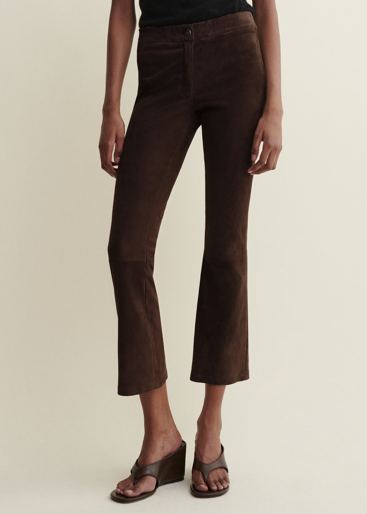 LIVELY | Suede Cropped Flare Trousers | Mud Brown