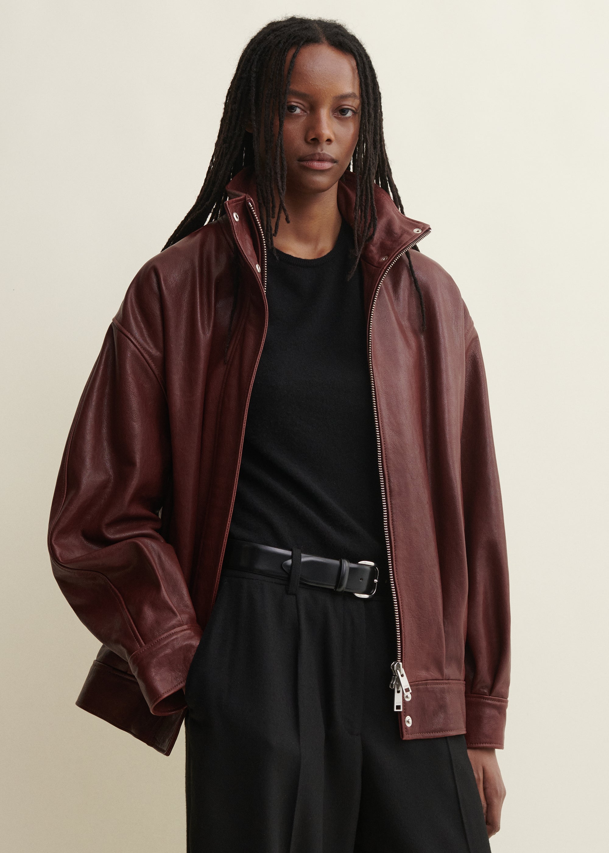 PAULA | Leather Funnel Neck Jacket | MAHOGANY