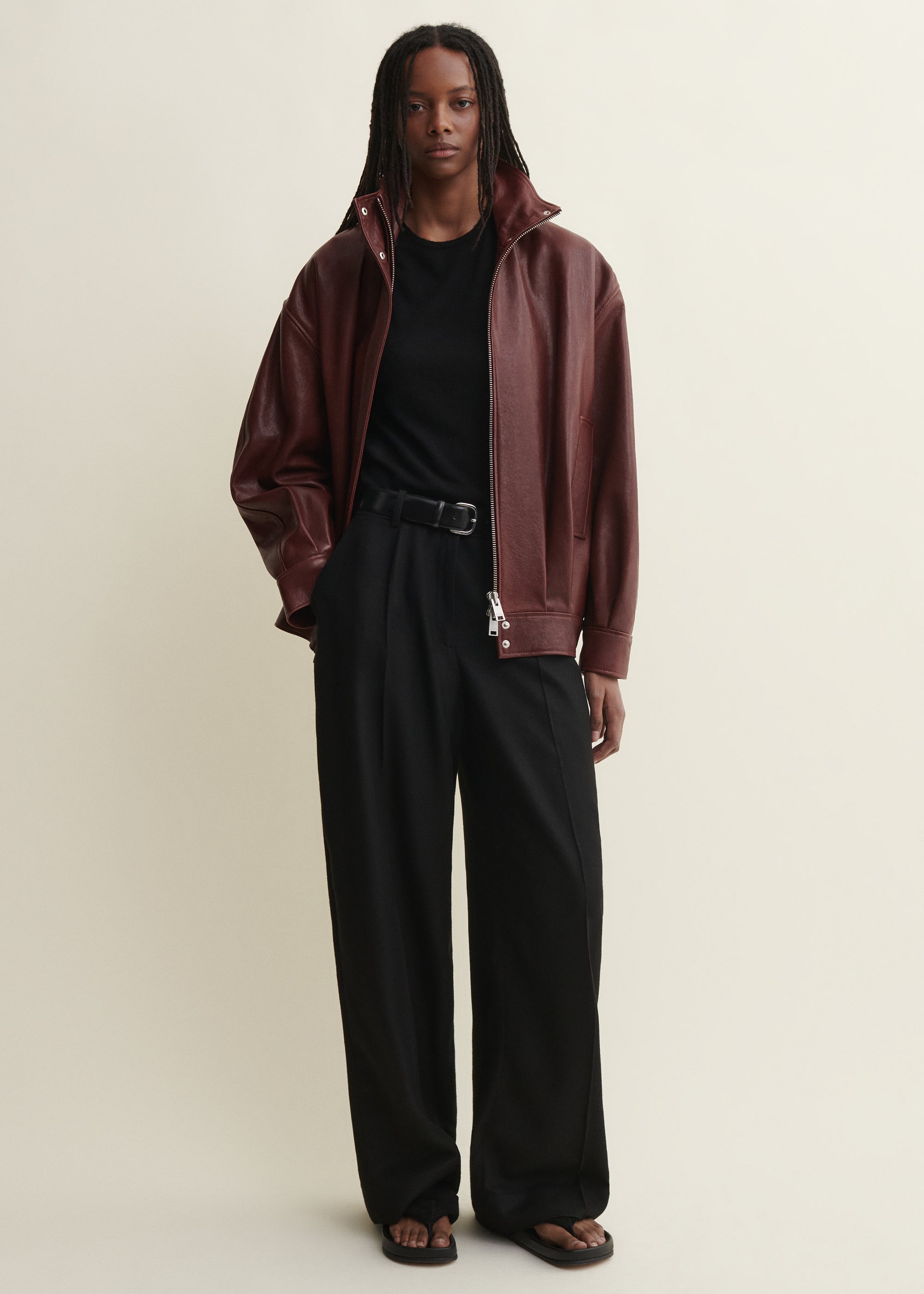 PAULA | Leather Funnel Neck Jacket | MAHOGANY