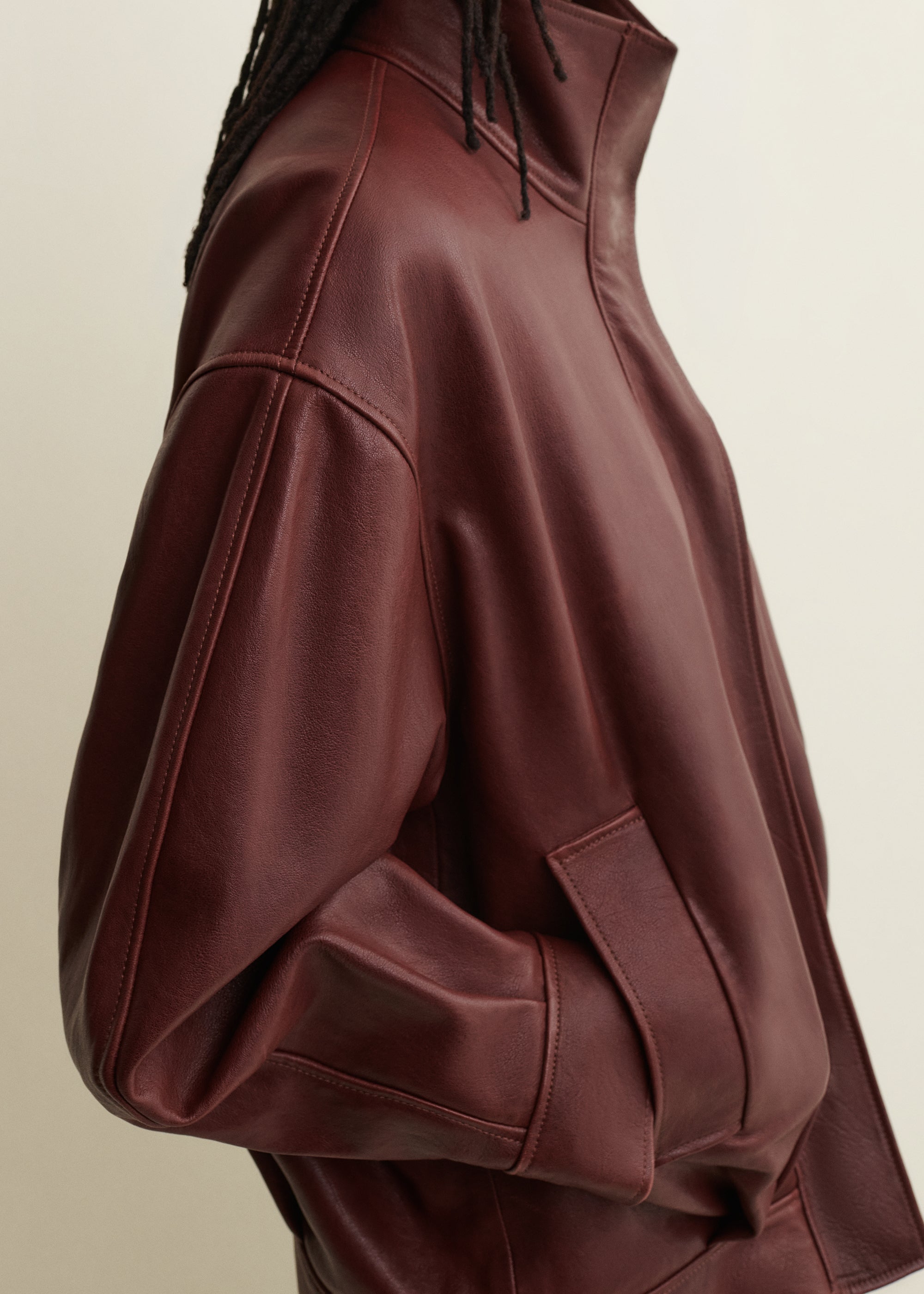 PAULA | Leather Funnel Neck Jacket | MAHOGANY