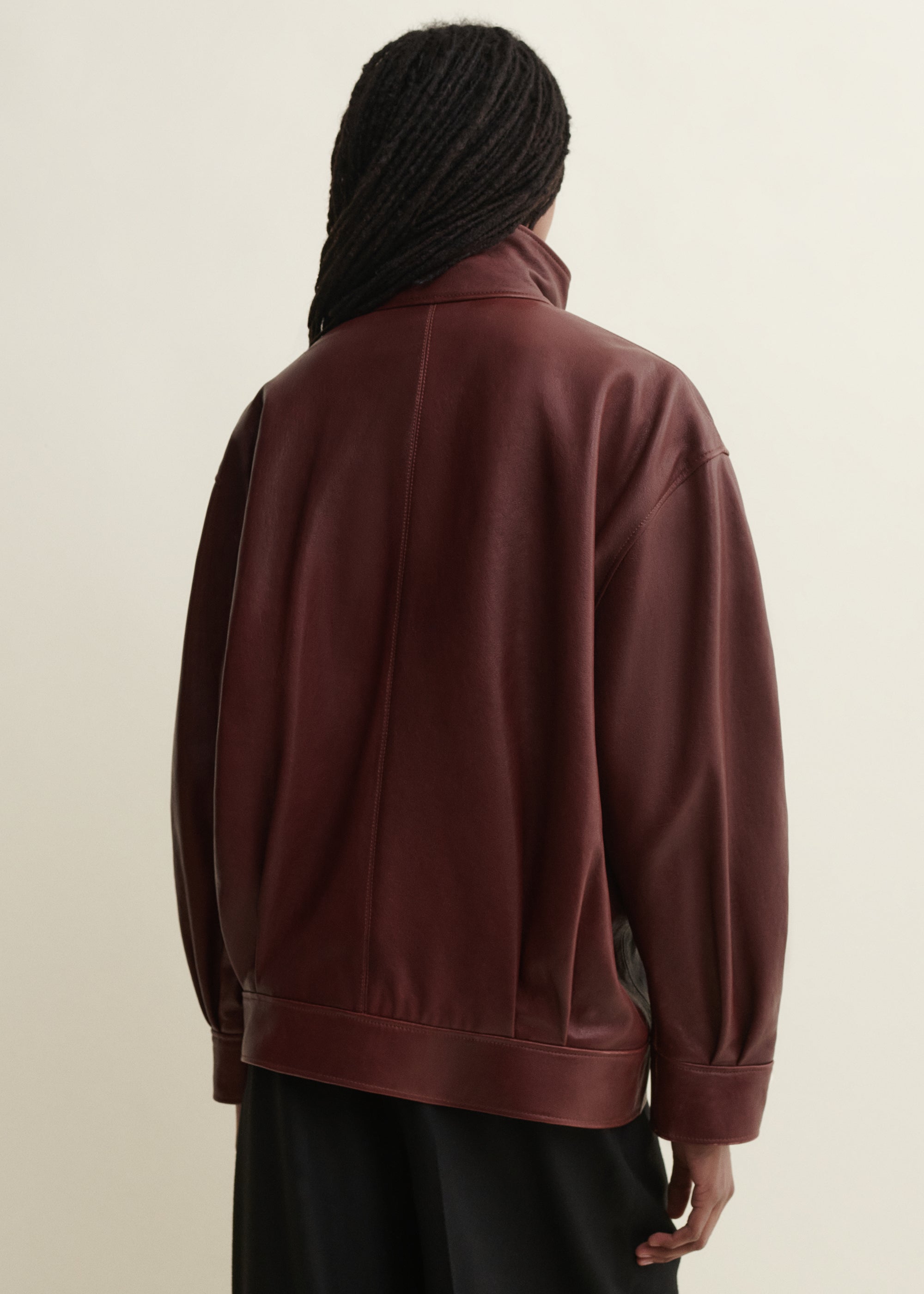 PAULA | Leather Funnel Neck Jacket | MAHOGANY