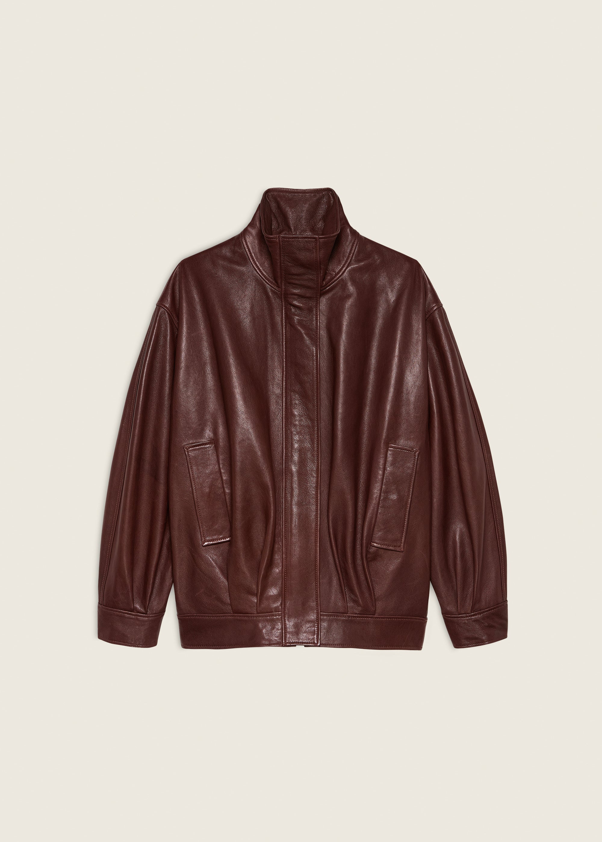 PAULA | Leather Funnel Neck Jacket | MAHOGANY