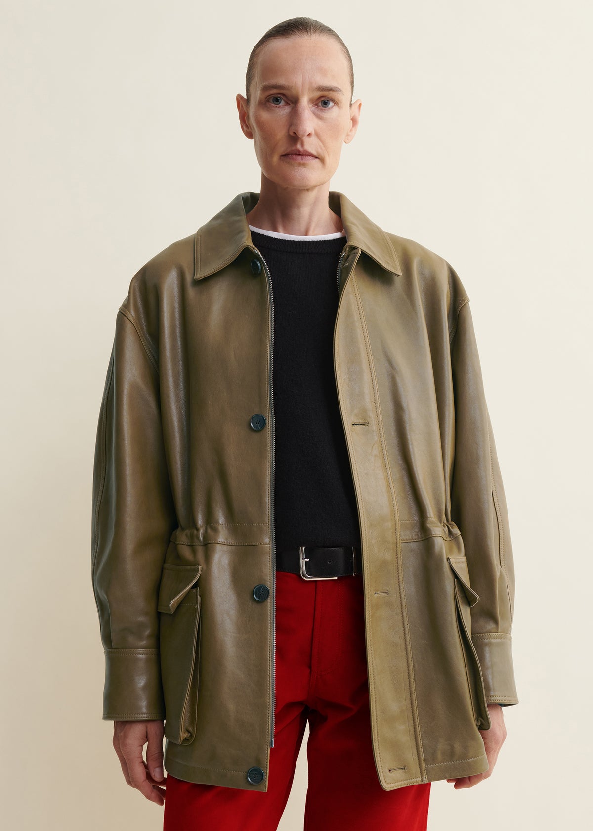 Maeve | Leather Field Jacket | Dark Olive