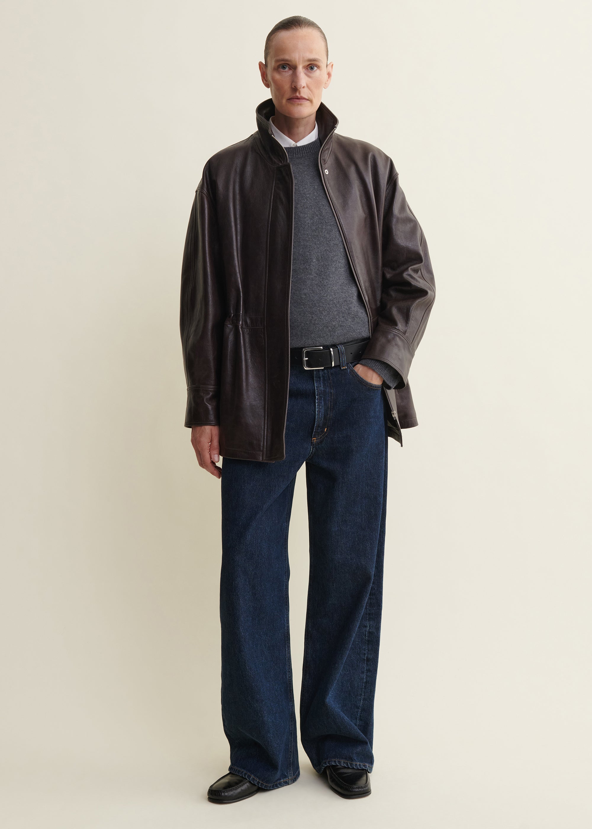 ALIA | Funnel Neck Leather Jacket | Coffee Bean