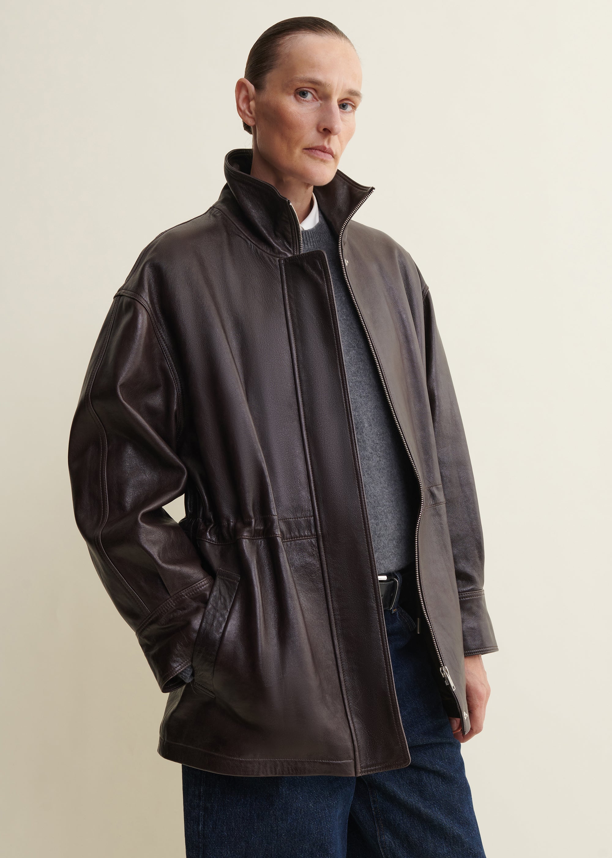 ALIA | Funnel Neck Leather Jacket | Coffee Bean