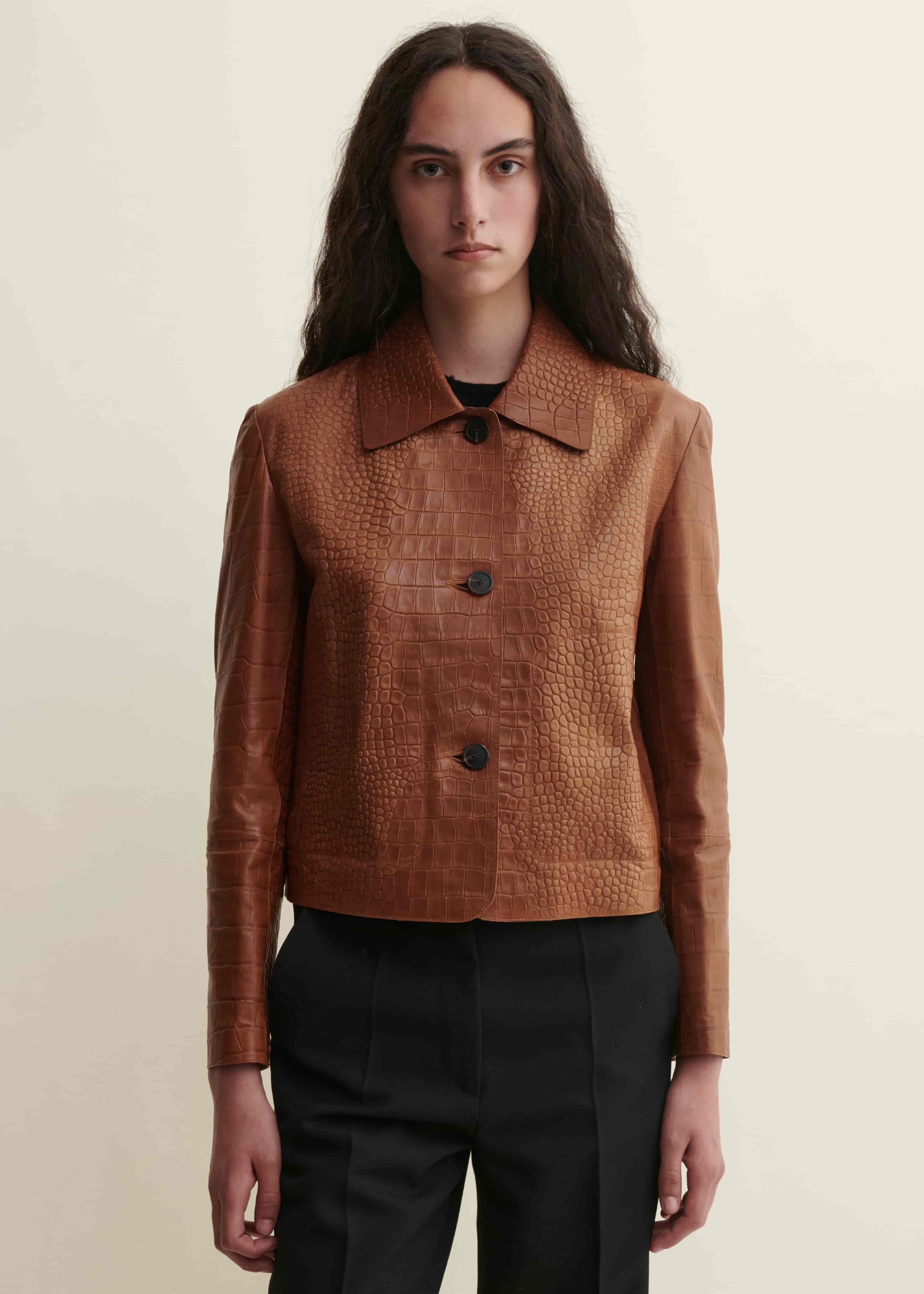 EMY | Croco Leather Jacket | CAMEL