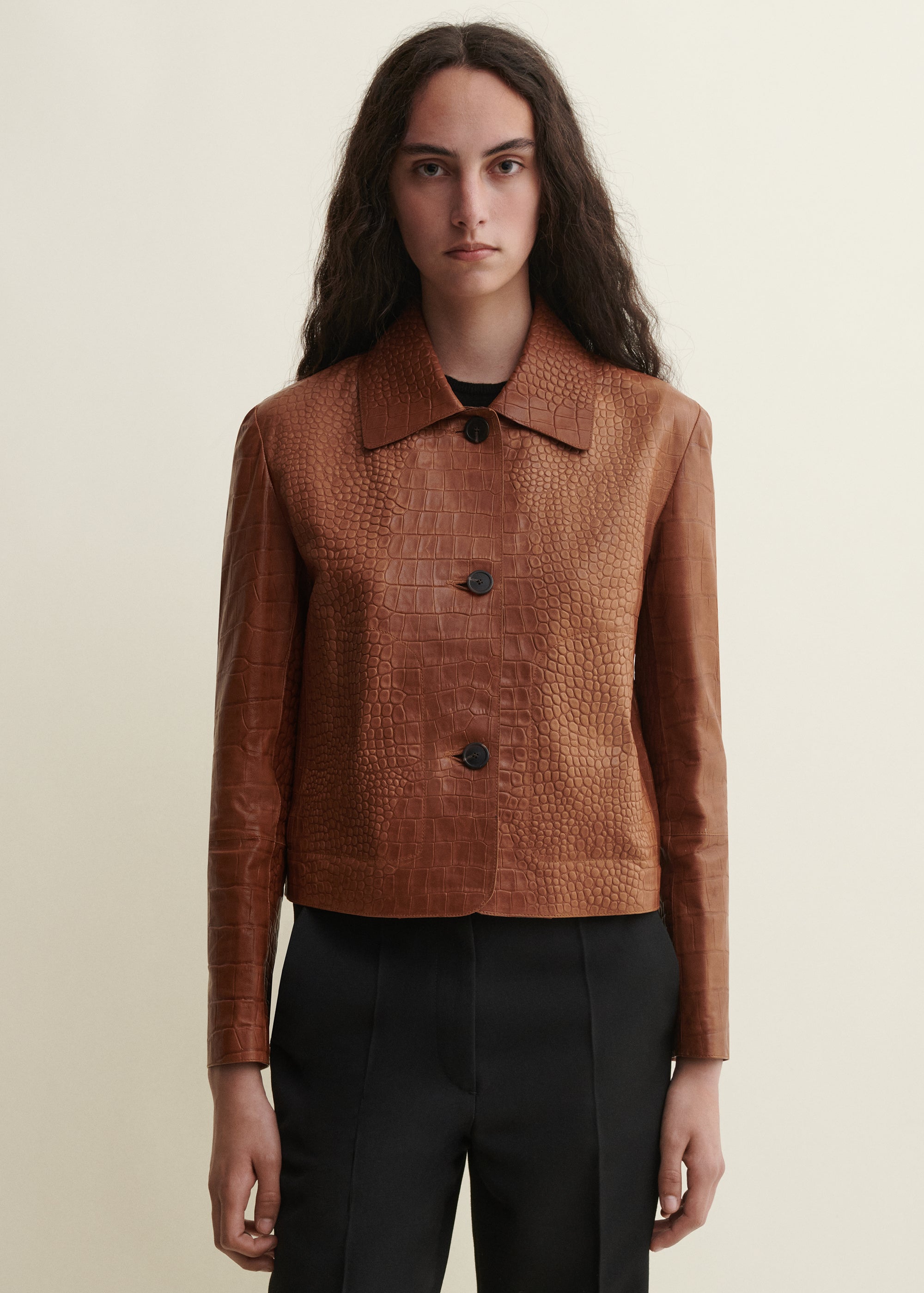 EMY | Lederjacke mit Croco-Prägung | CAMEL