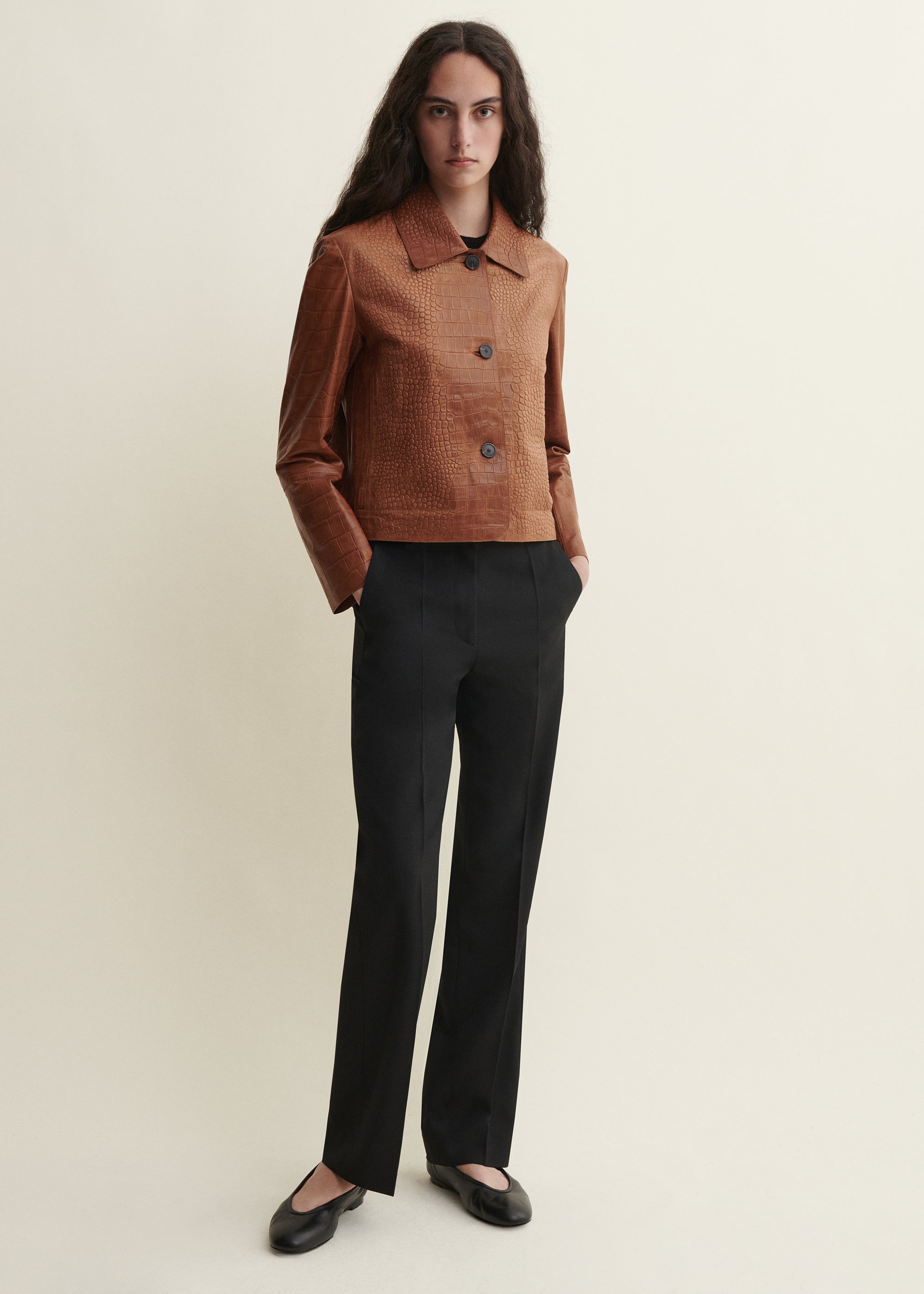 EMY | Lederjacke mit Croco-Prägung | CAMEL
