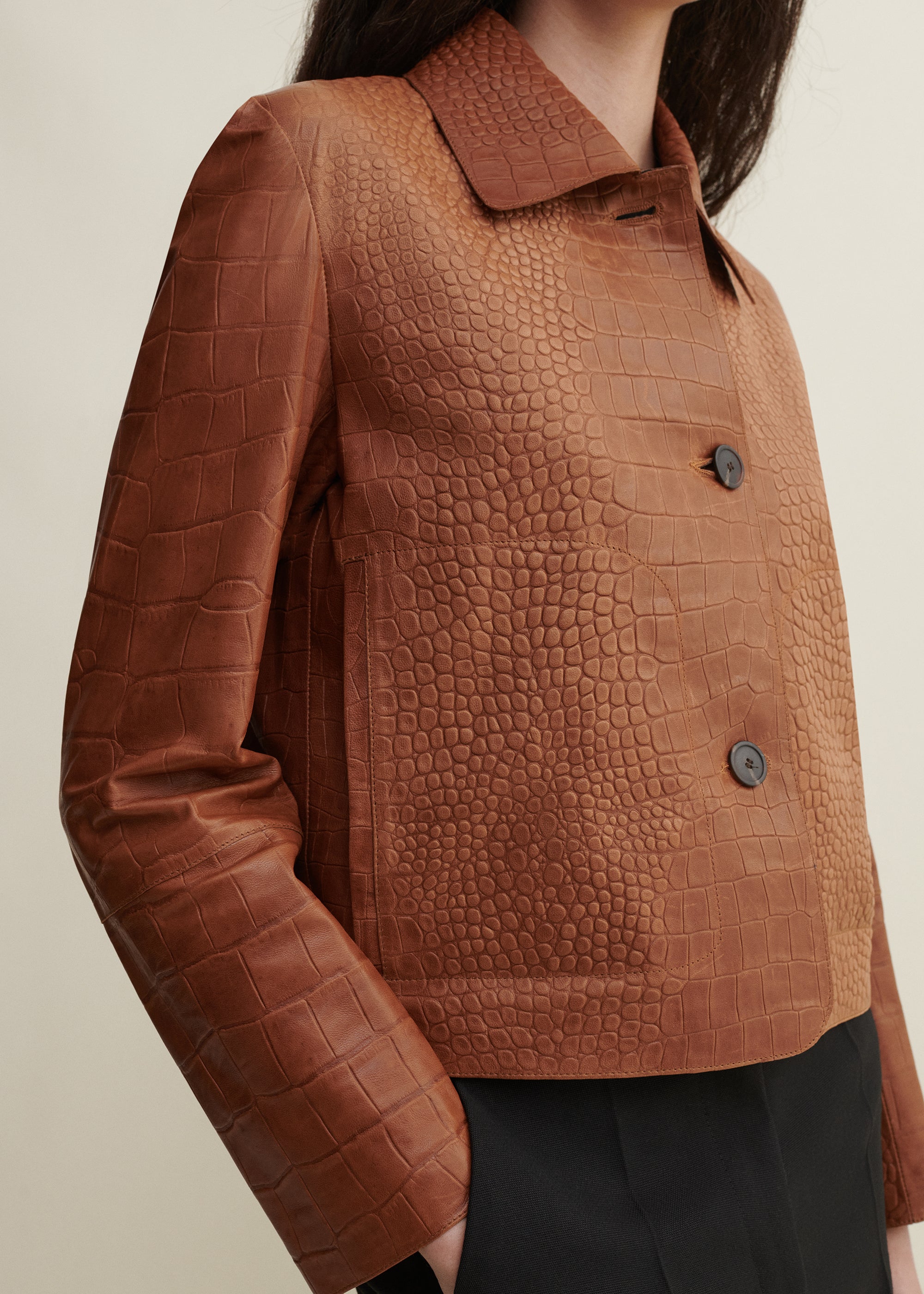 EMY | Lederjacke mit Croco-Prägung | CAMEL