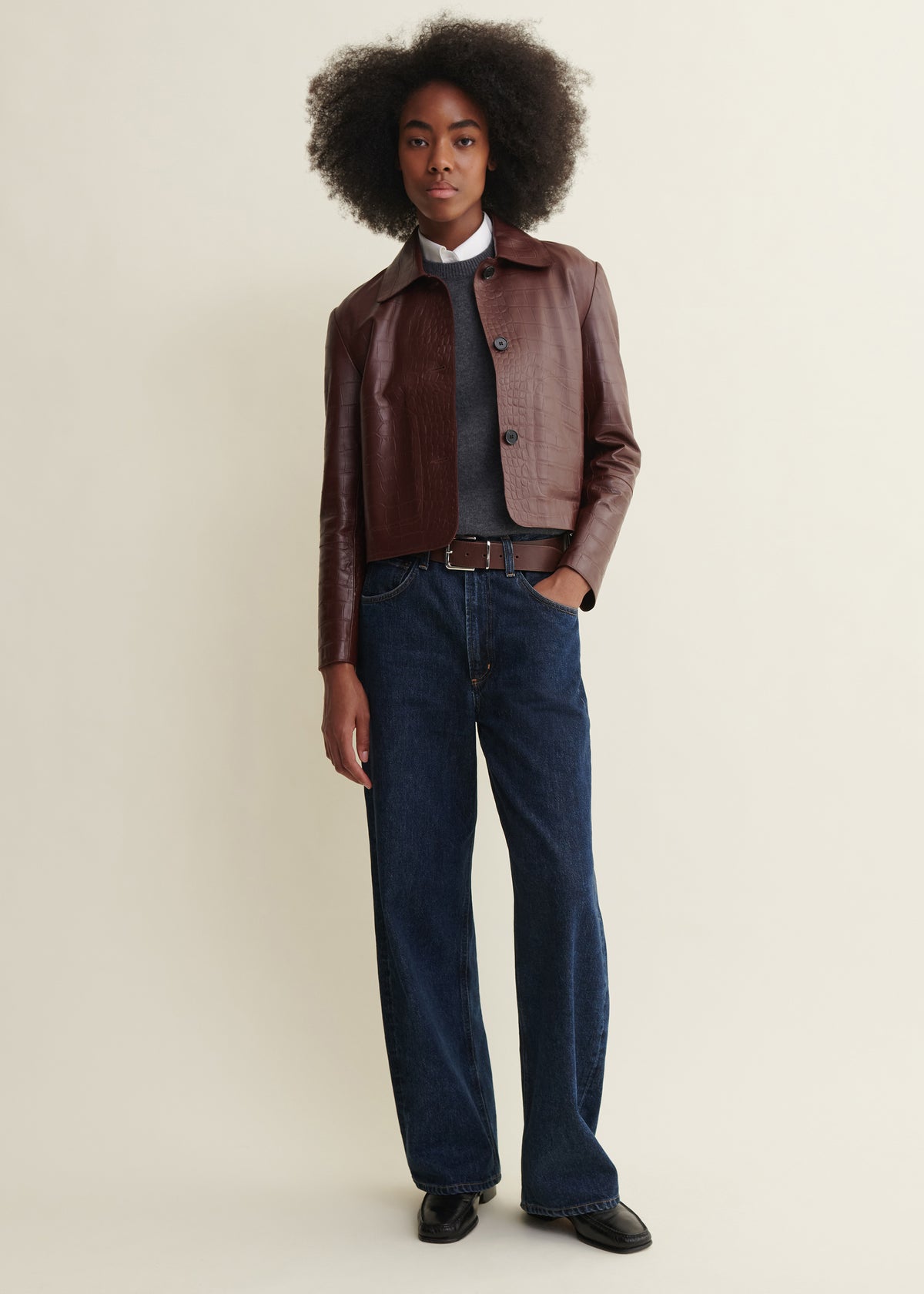 EMY | Leather Croco Print Jacket | Mahogany