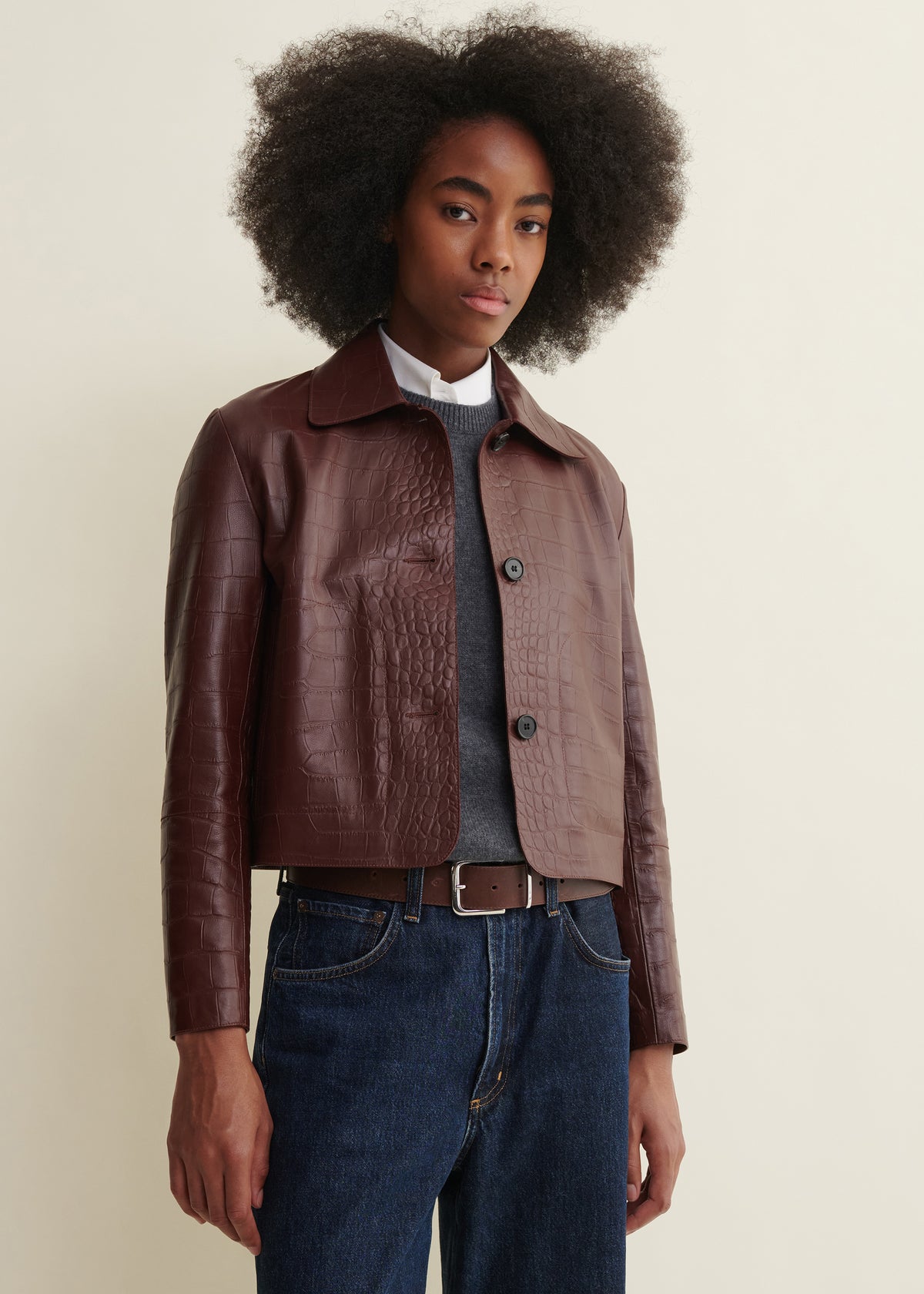 EMY | Leather Croco Print Jacket | Mahogany