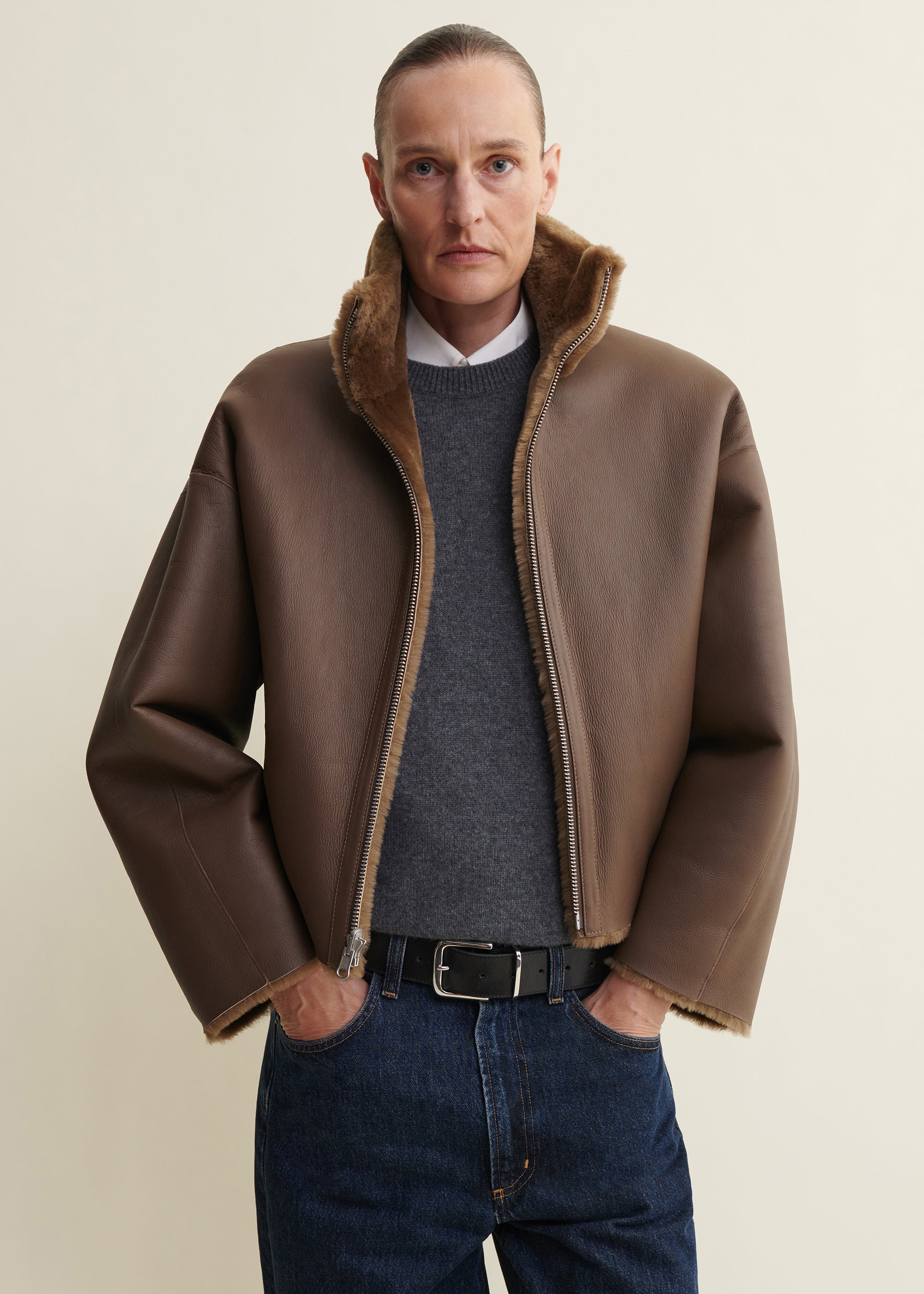 INDY | Funnel Neck Shearling Jacket | Teak