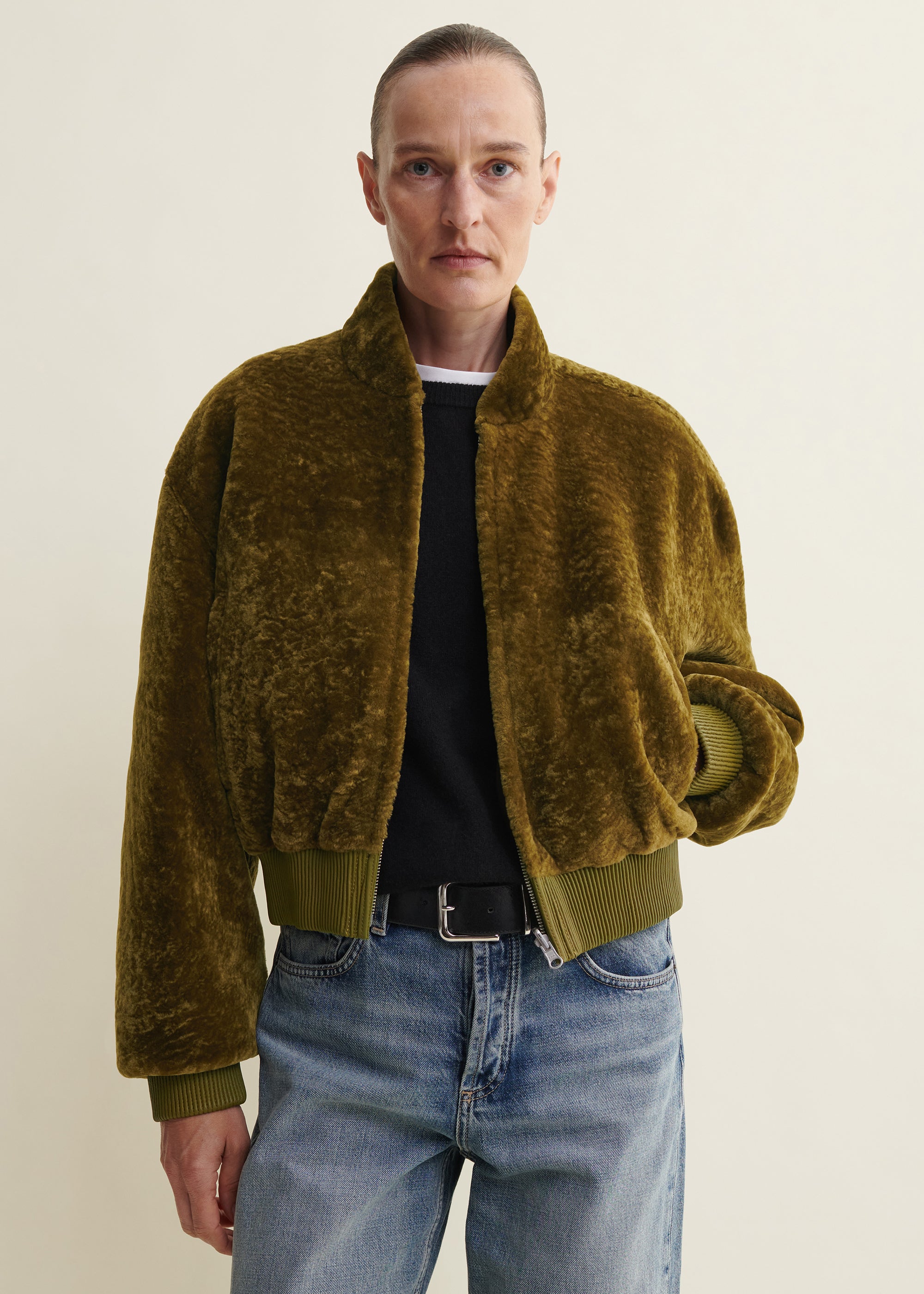 AZRA | Cropped Velvet Shearling Bomber | Dark Olive