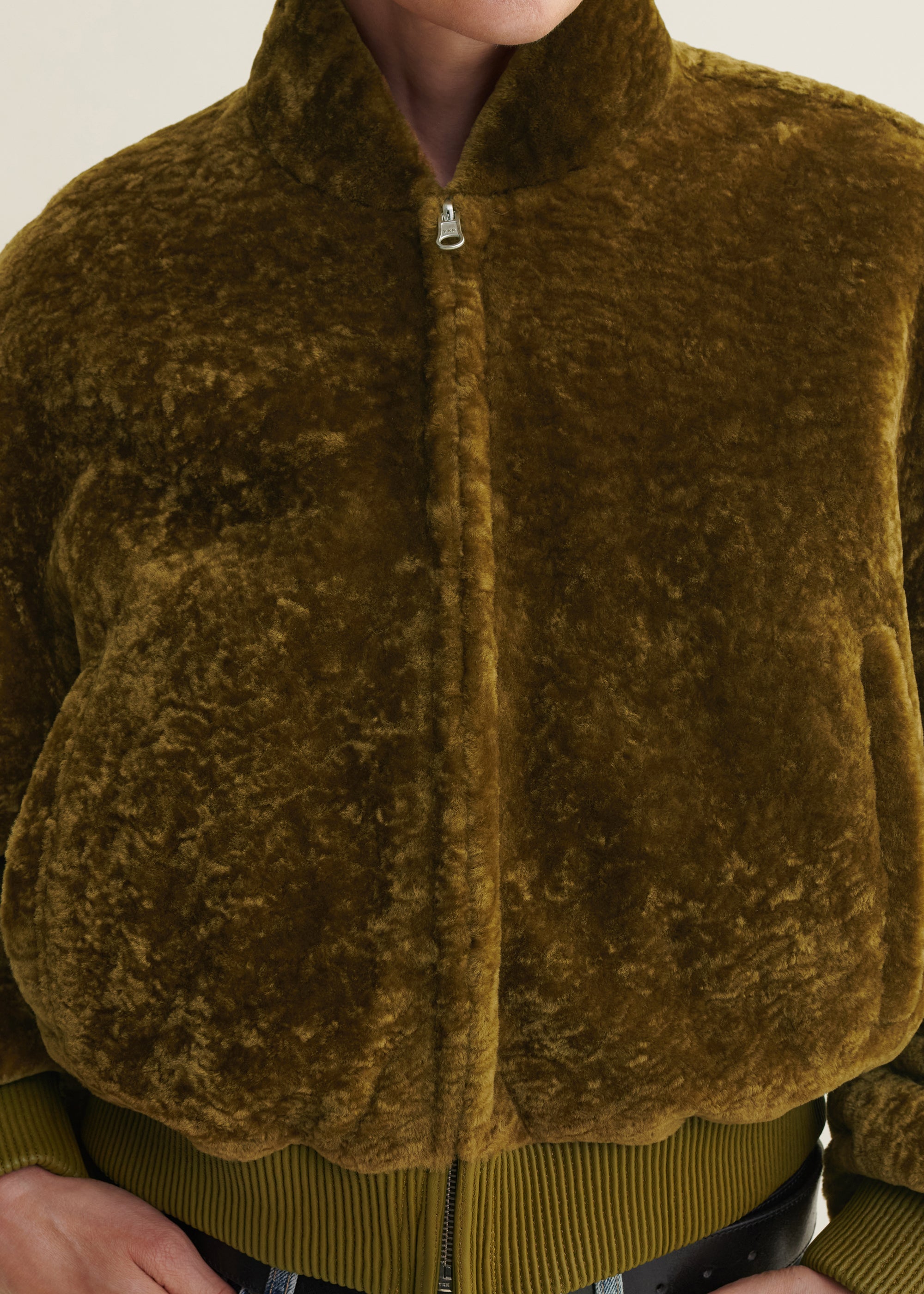 AZRA | Cropped Velvet Shearling Bomber | Dark Olive
