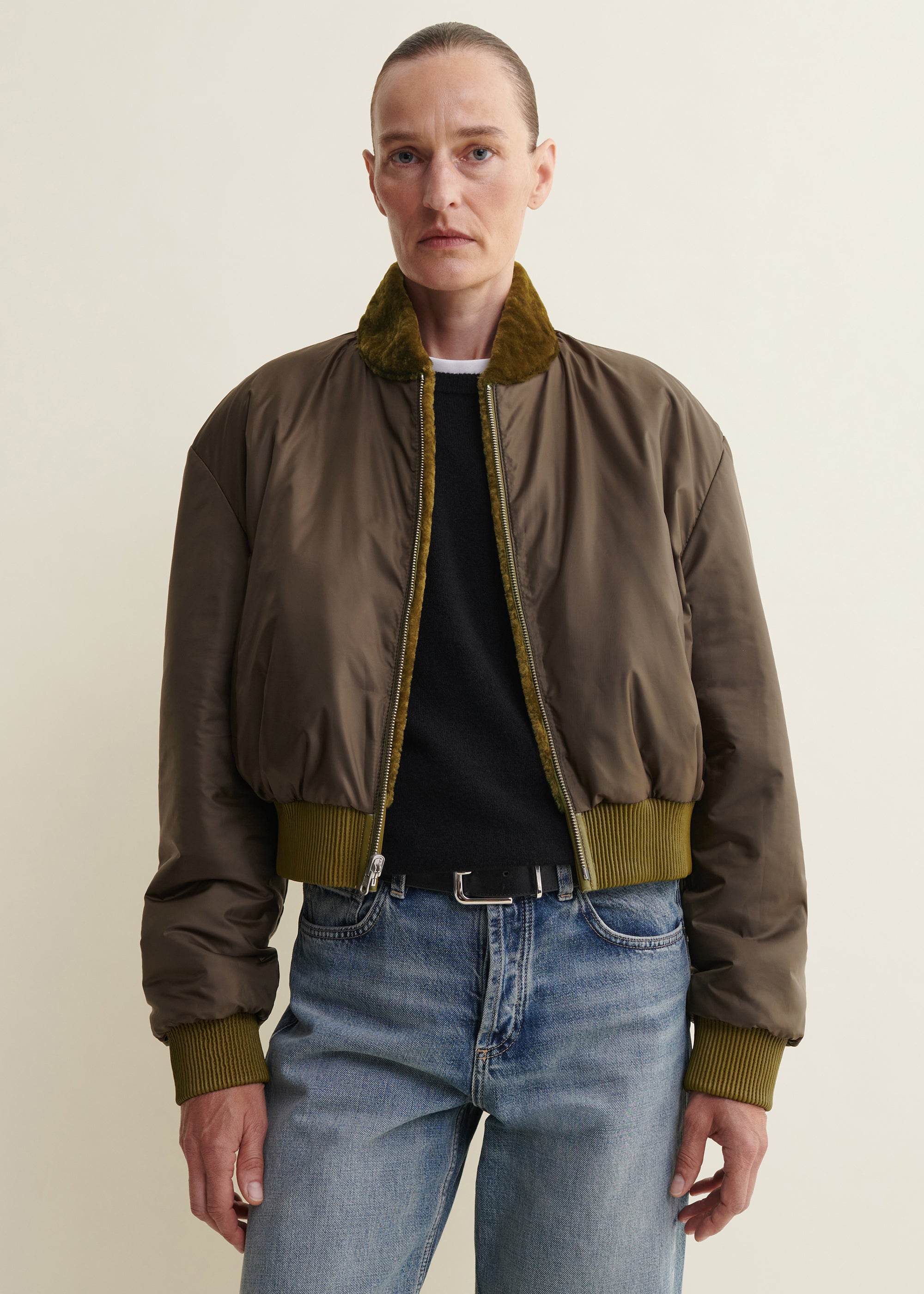 AZRA | Cropped Velvet Shearling Bomber | Dark Olive