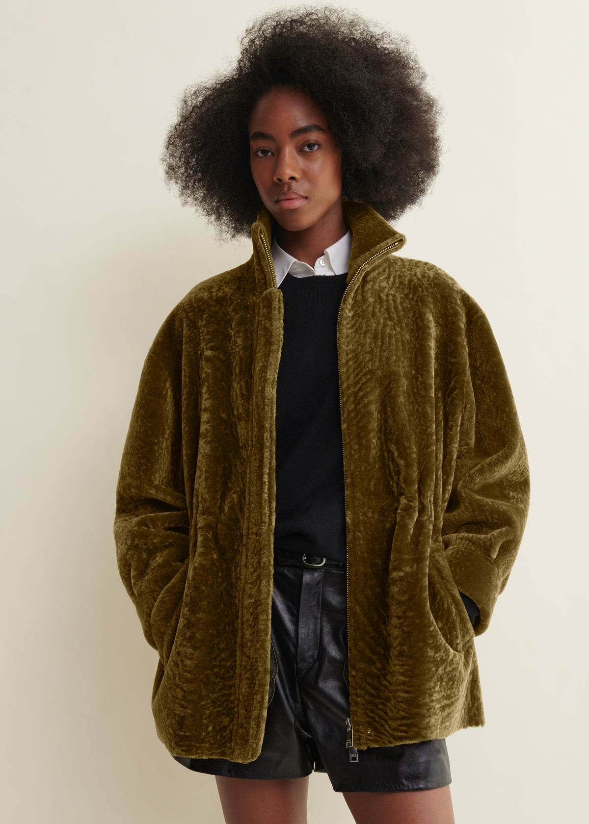ALIA | Funnel Neck Velvet Shearling Jacket | Dark Olive
