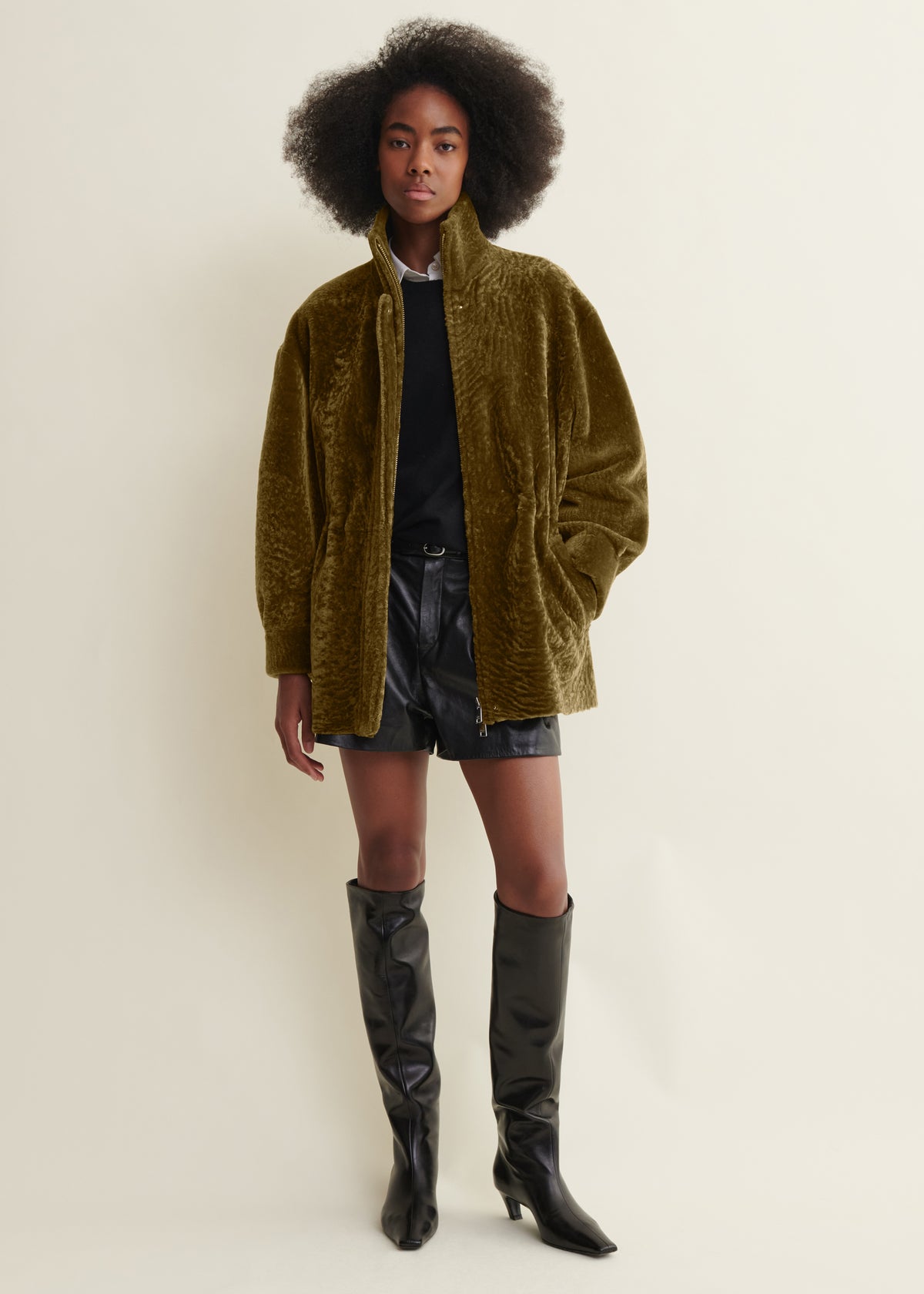ALIA | Funnel Neck Velvet Shearling Jacket | Dark Olive