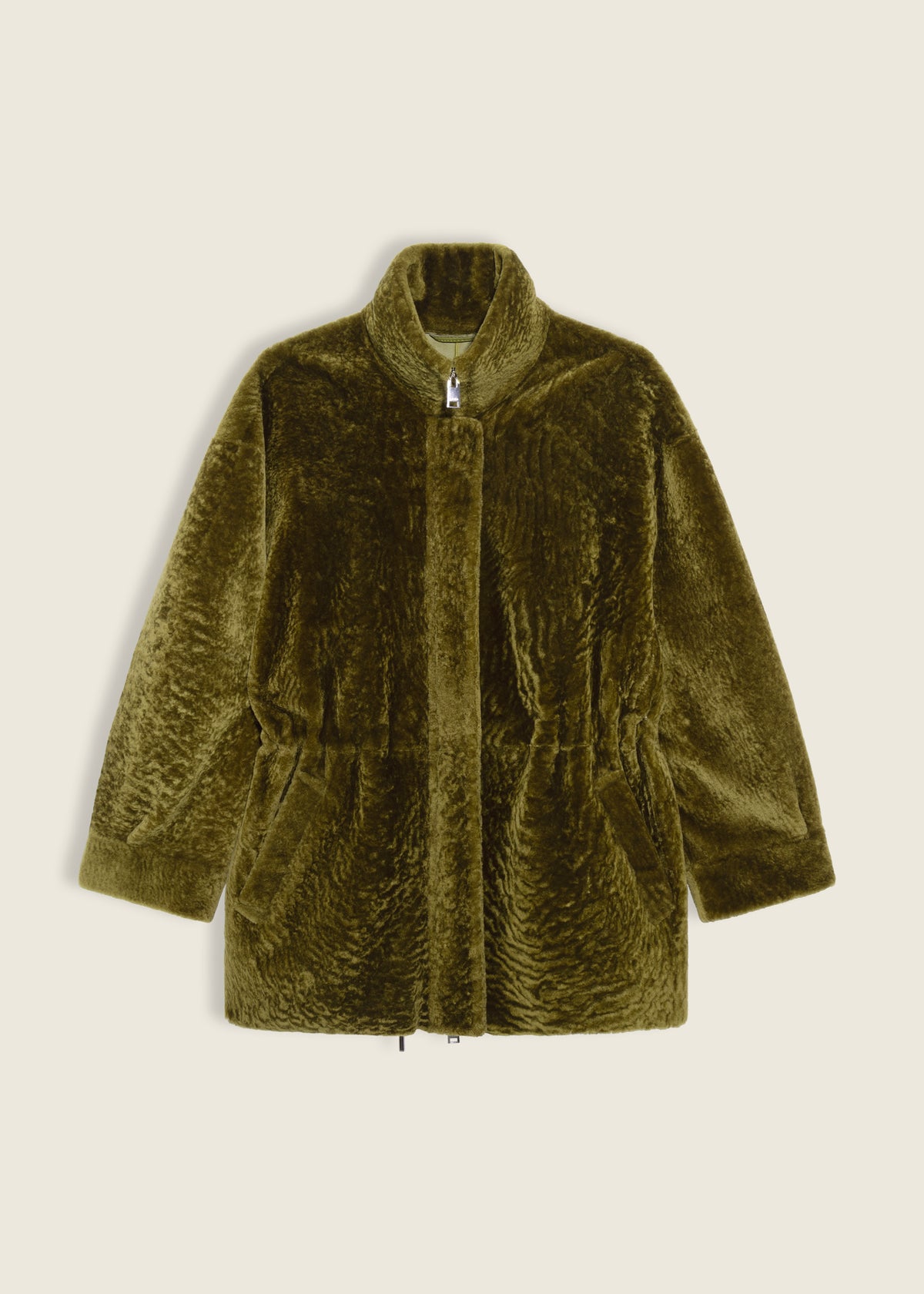 ALIA | Funnel Neck Velvet Shearling Jacket | Dark Olive