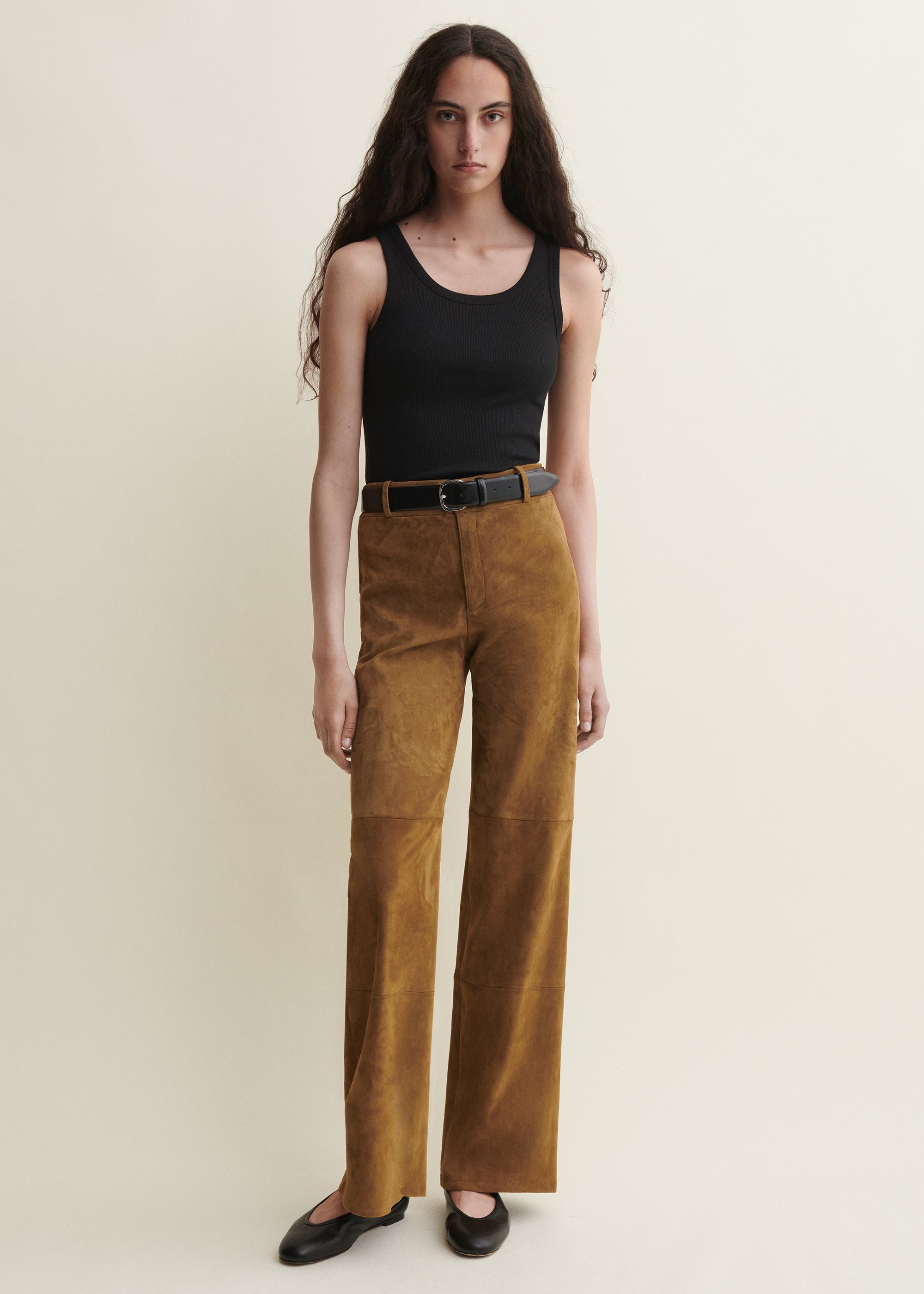 MARINA | Suede Straight Leg Trousers | Dark Olive
