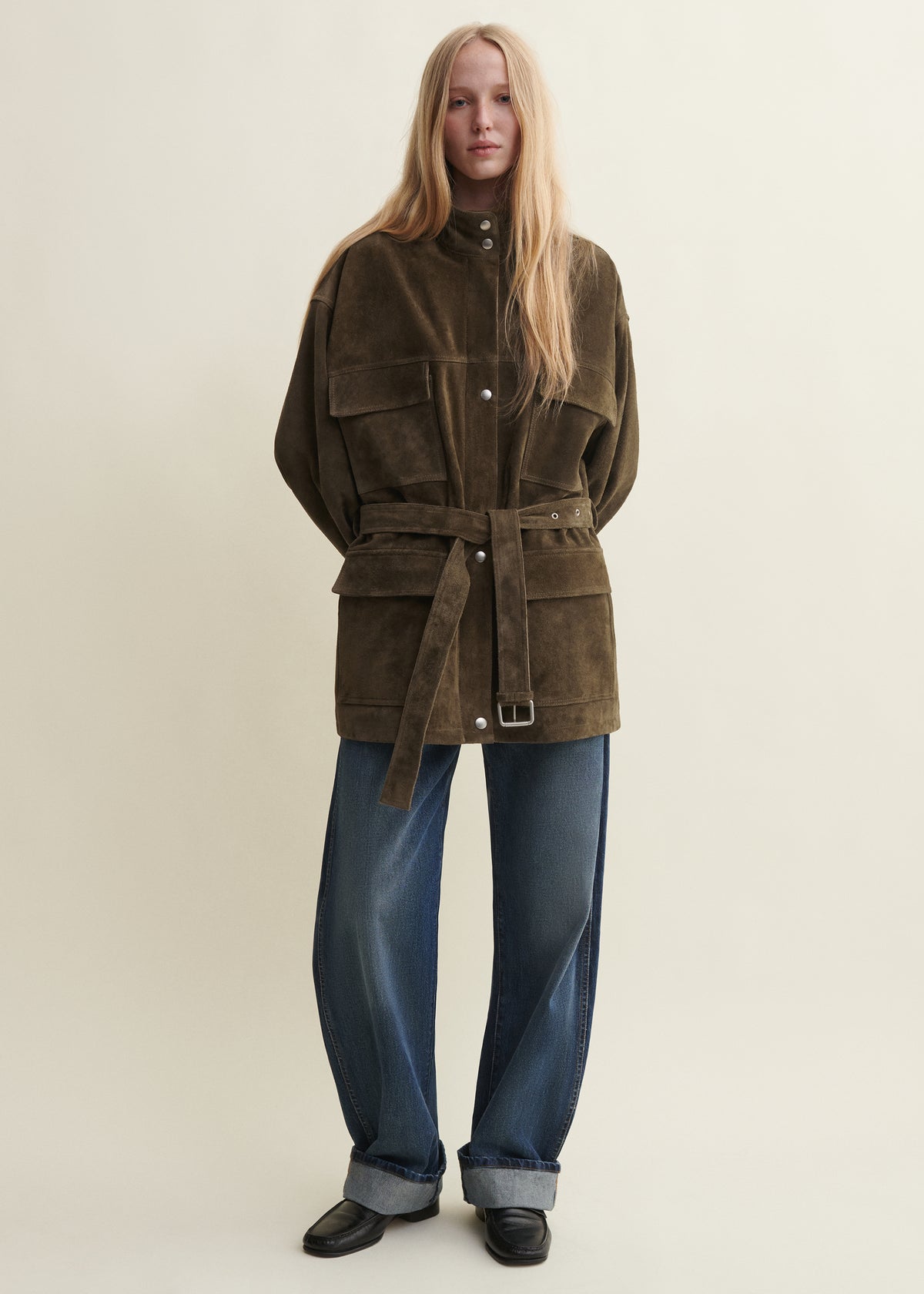 DELORE | Belted Gritty Suede Jacket | Earth Green