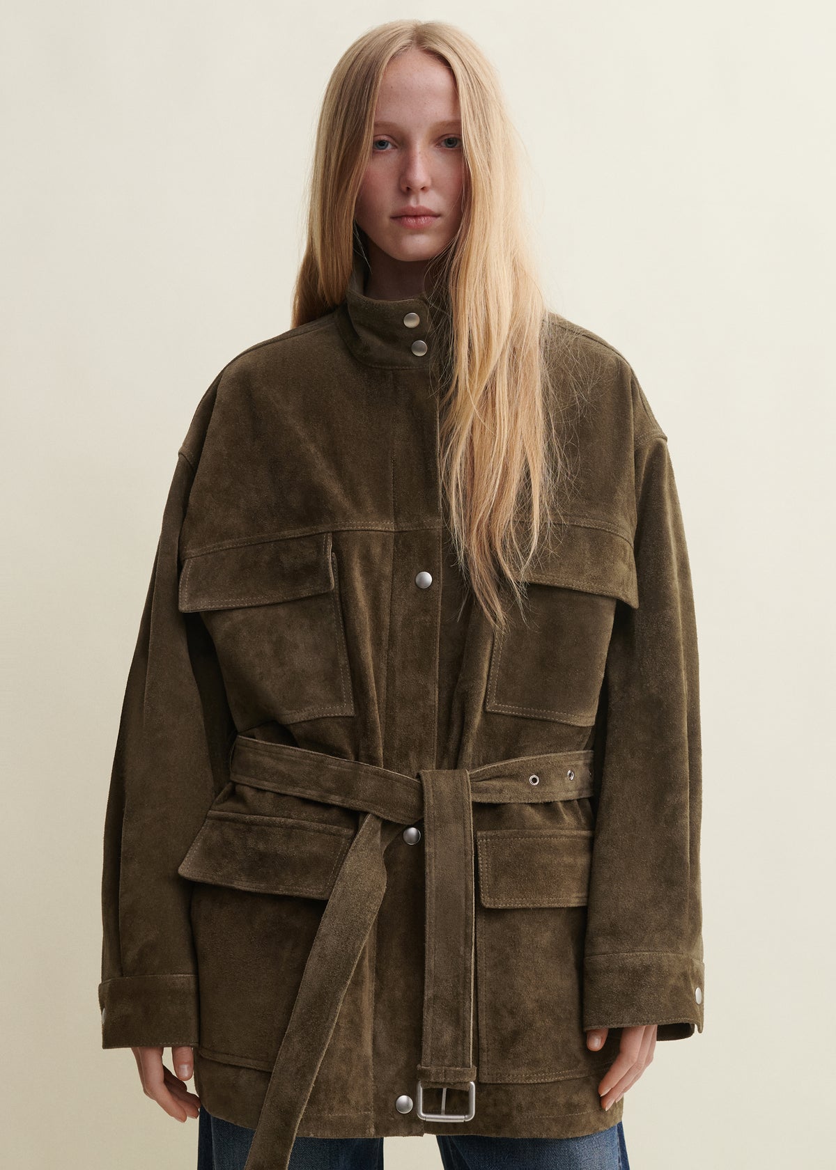DELORE | Belted Gritty Suede Jacket | Earth Green