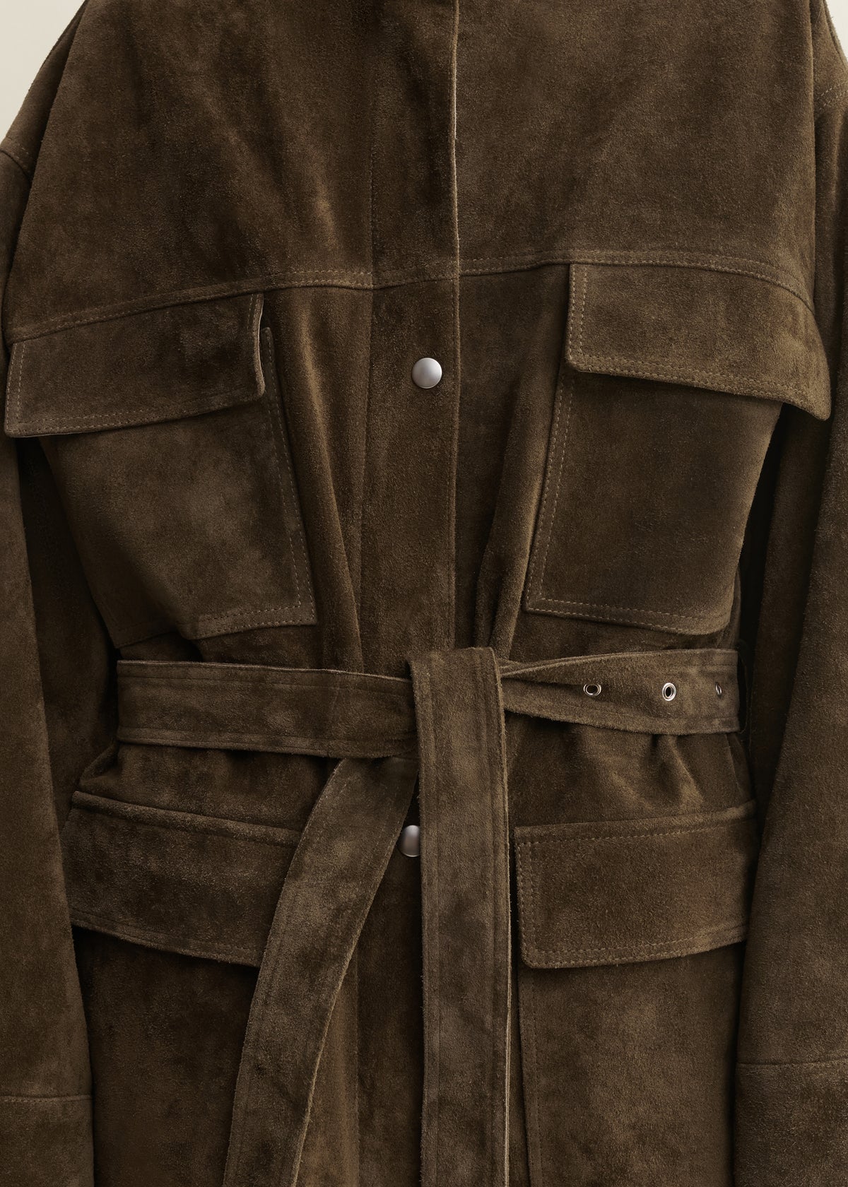 DELORE | Belted Gritty Suede Jacket | Earth Green