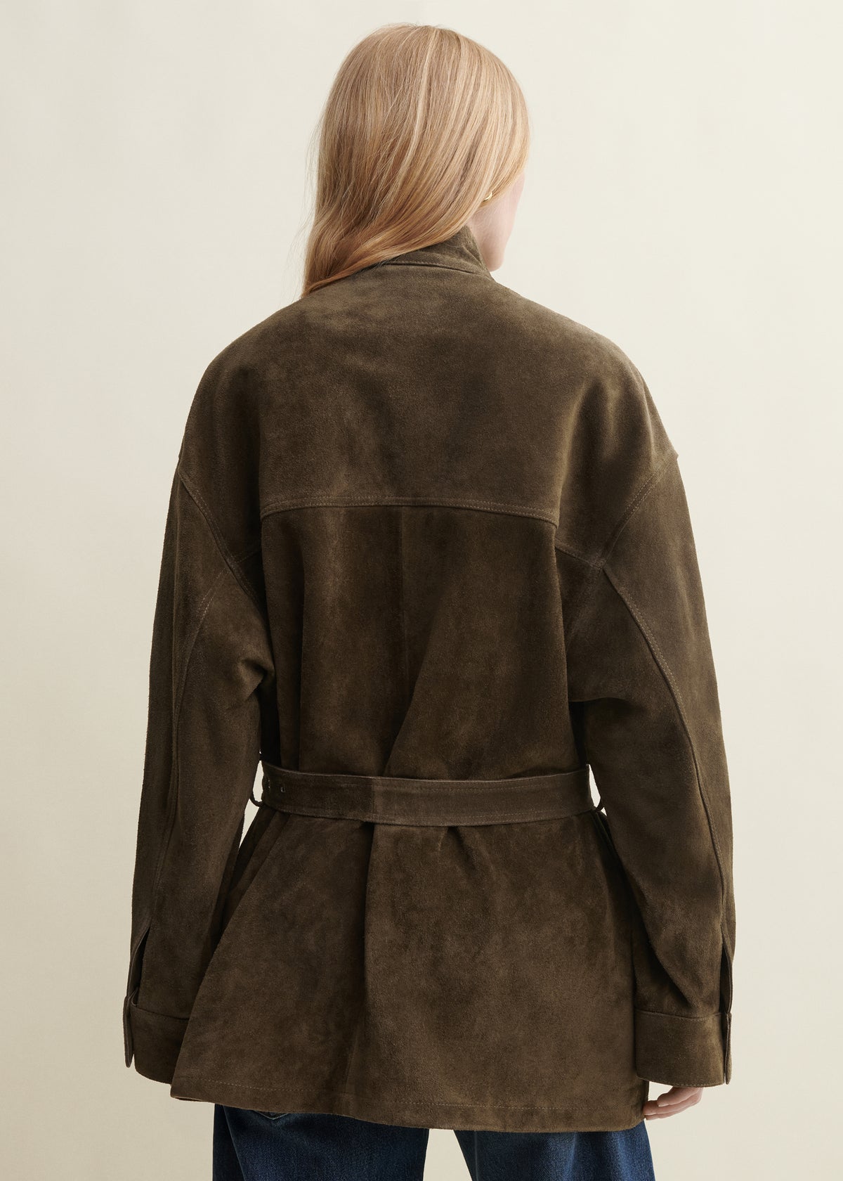 DELORE | Belted Gritty Suede Jacket | Earth Green
