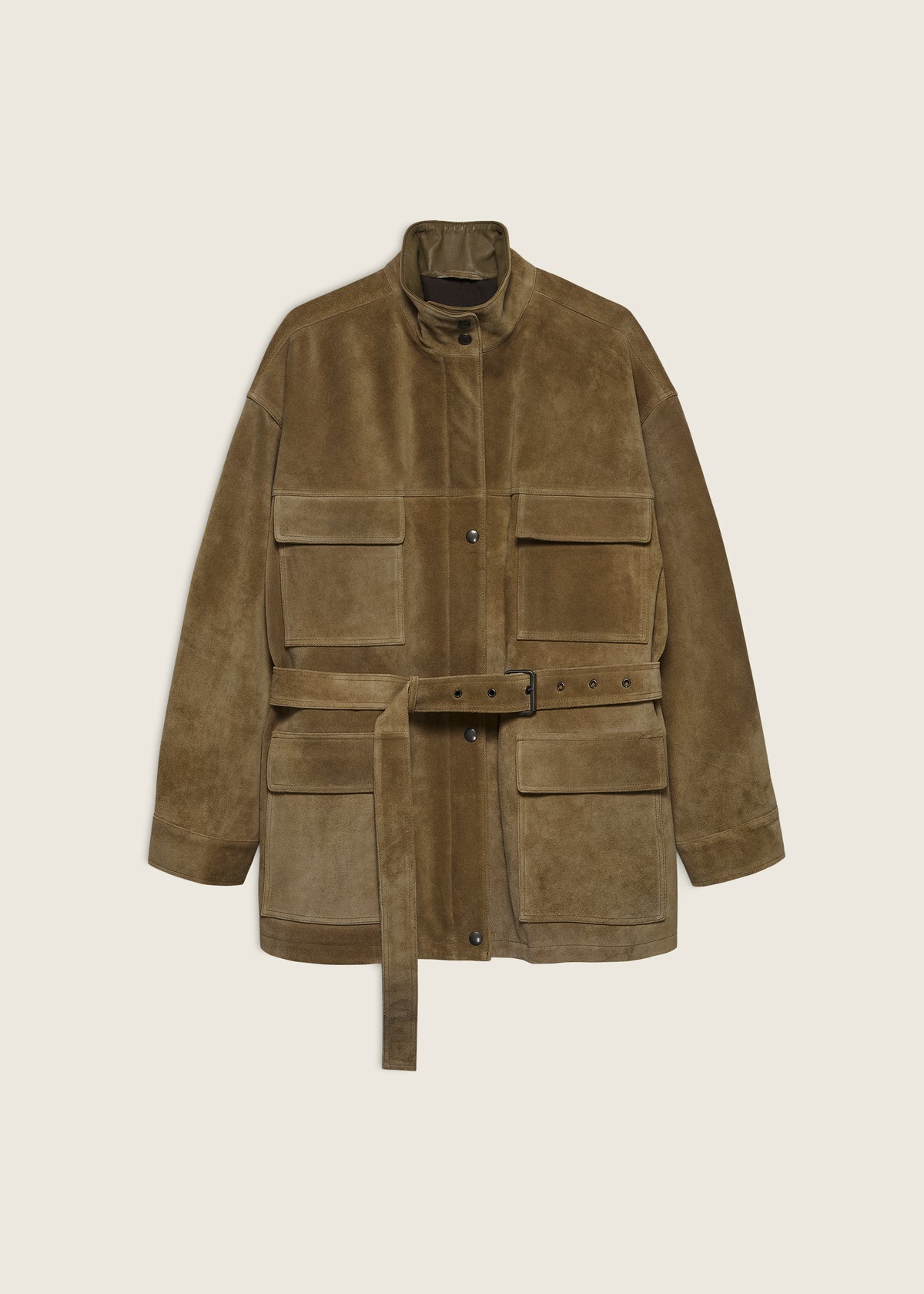 DELORE | Belted Gritty Suede Jacket | Earth Green
