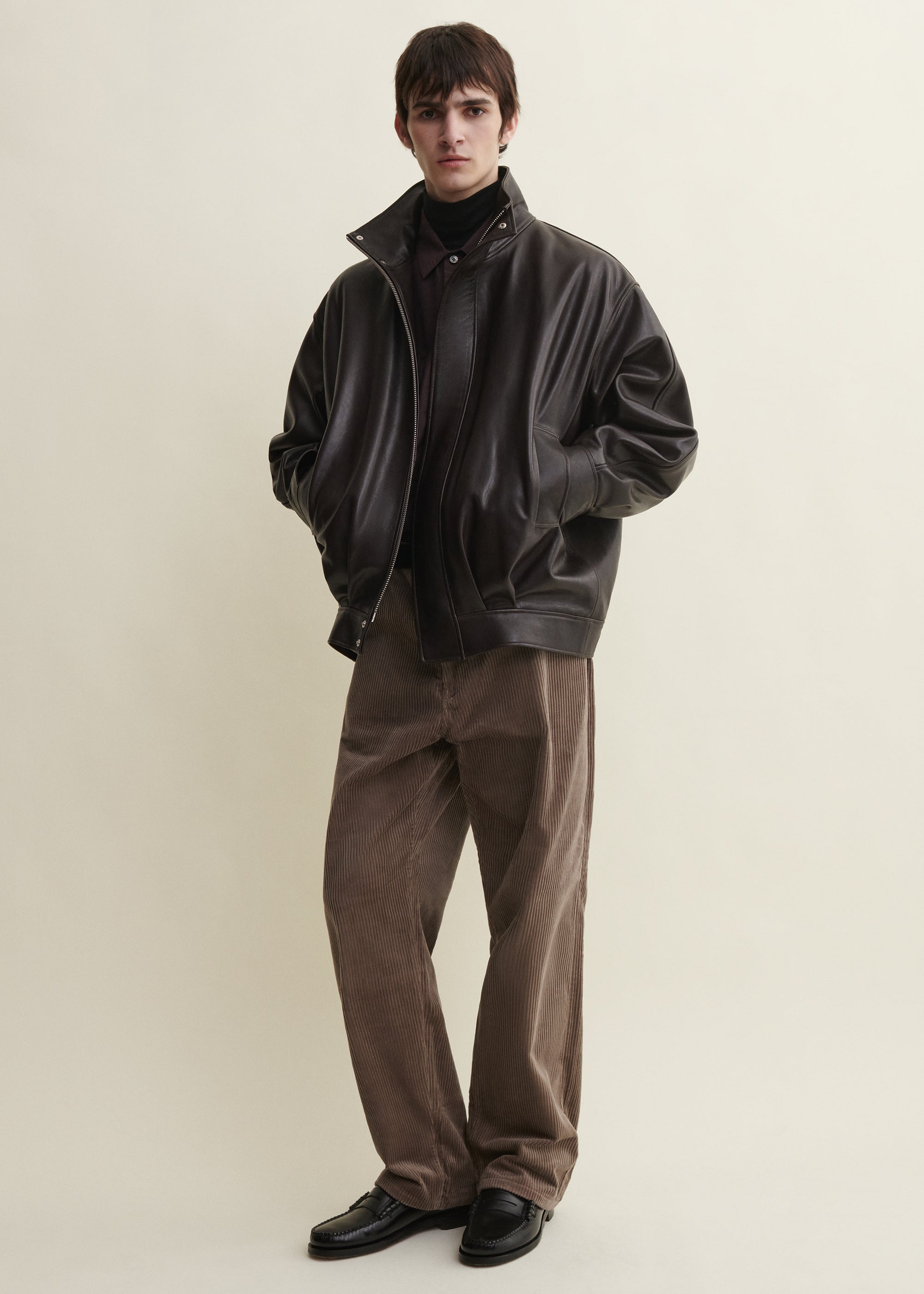PAULO | High-Collar Leather Jacket | COFFEE BEAN