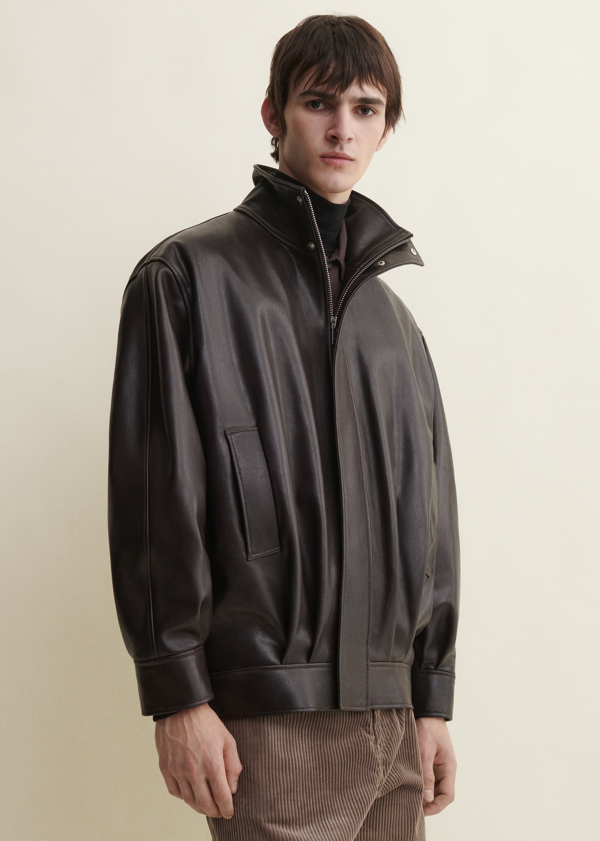 PAULO | High-Collar Leather Jacket | COFFEE BEAN