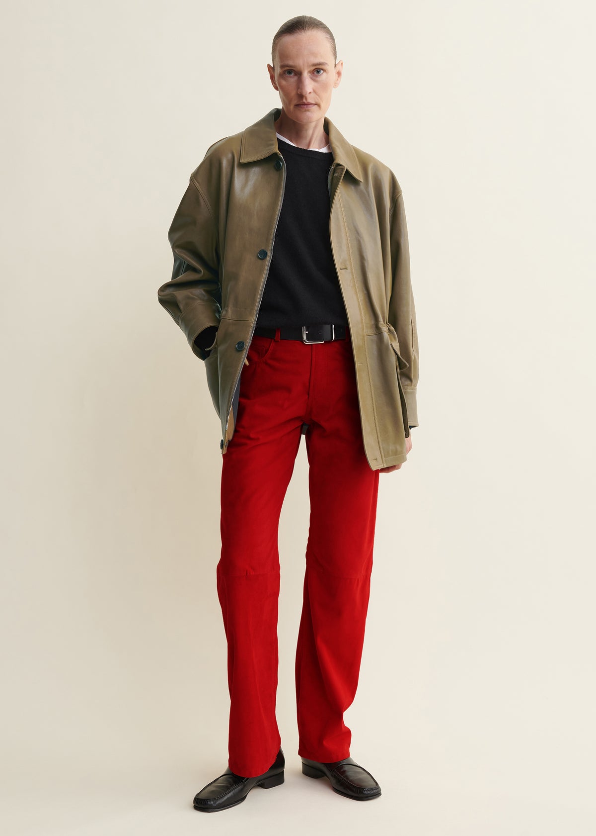 Maeve | Leather Field Jacket | Dark Olive
