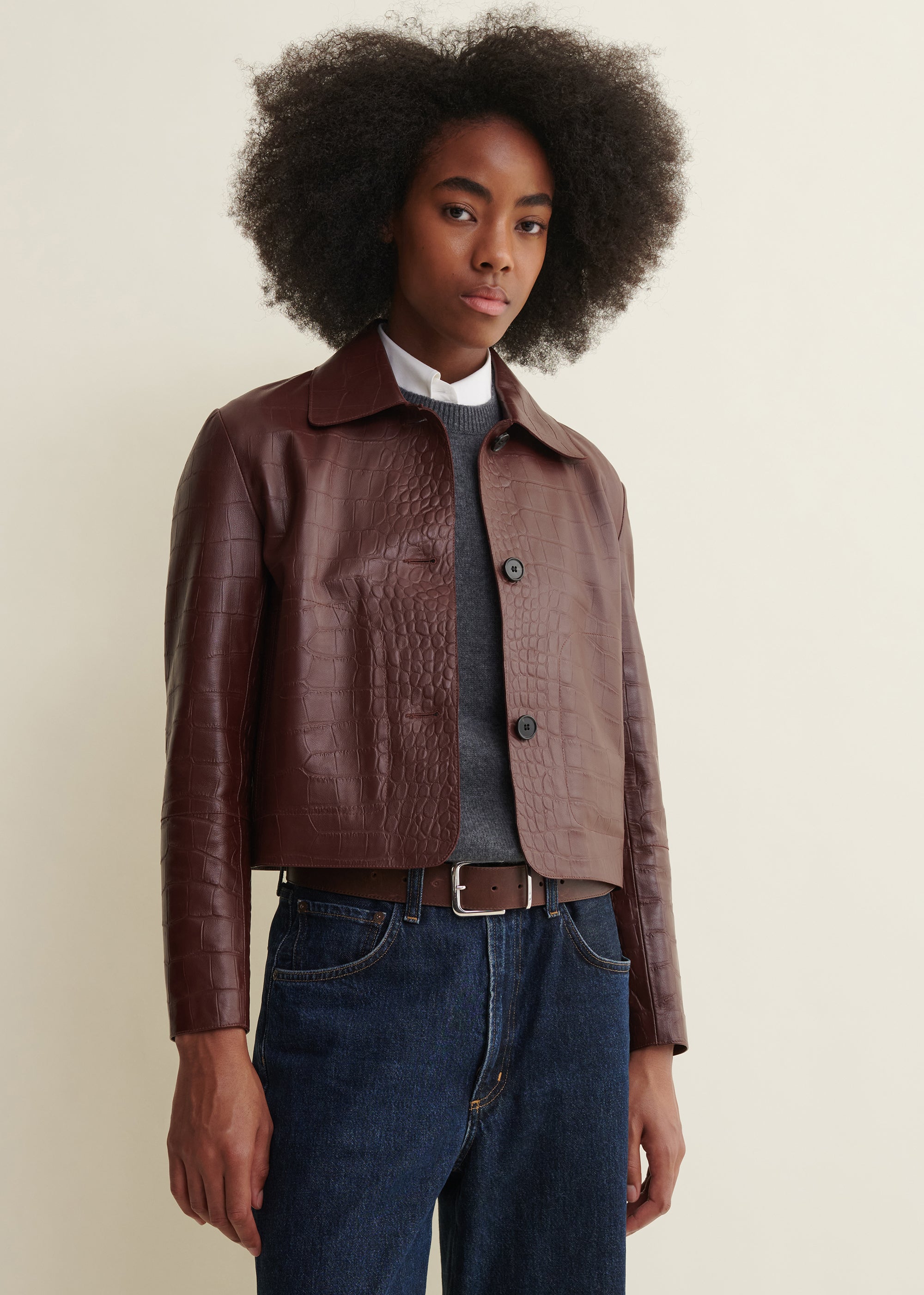 EMY | Leather Croco Print Jacket | Mahogany