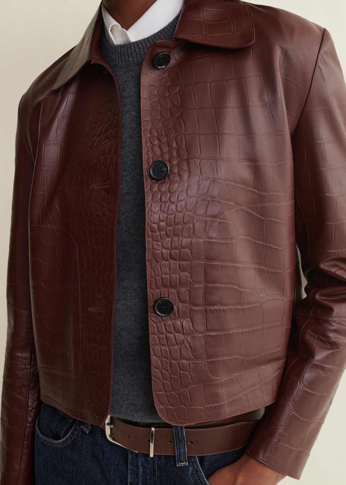 EMY | Leather Croco Print Jacket | Mahogany