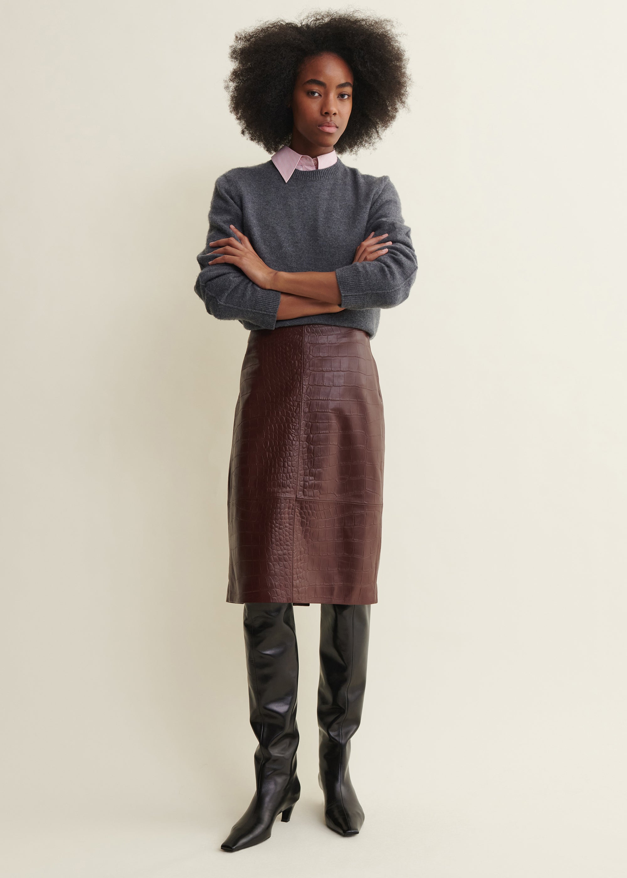 NATHALY | Leather Croco Pencil Skirt | Mahogany