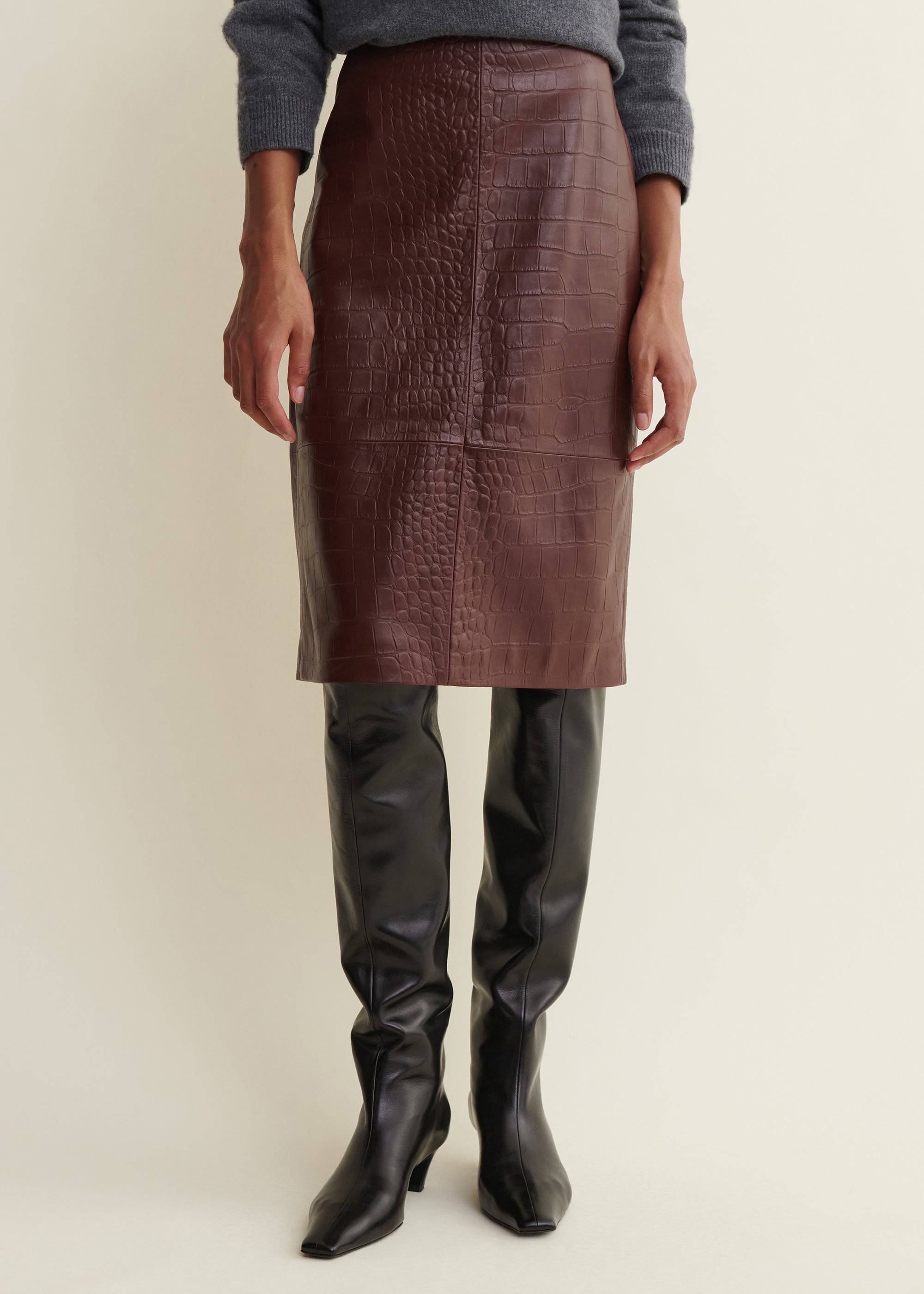 NATHALY | Leather Croco Pencil Skirt | Mahogany