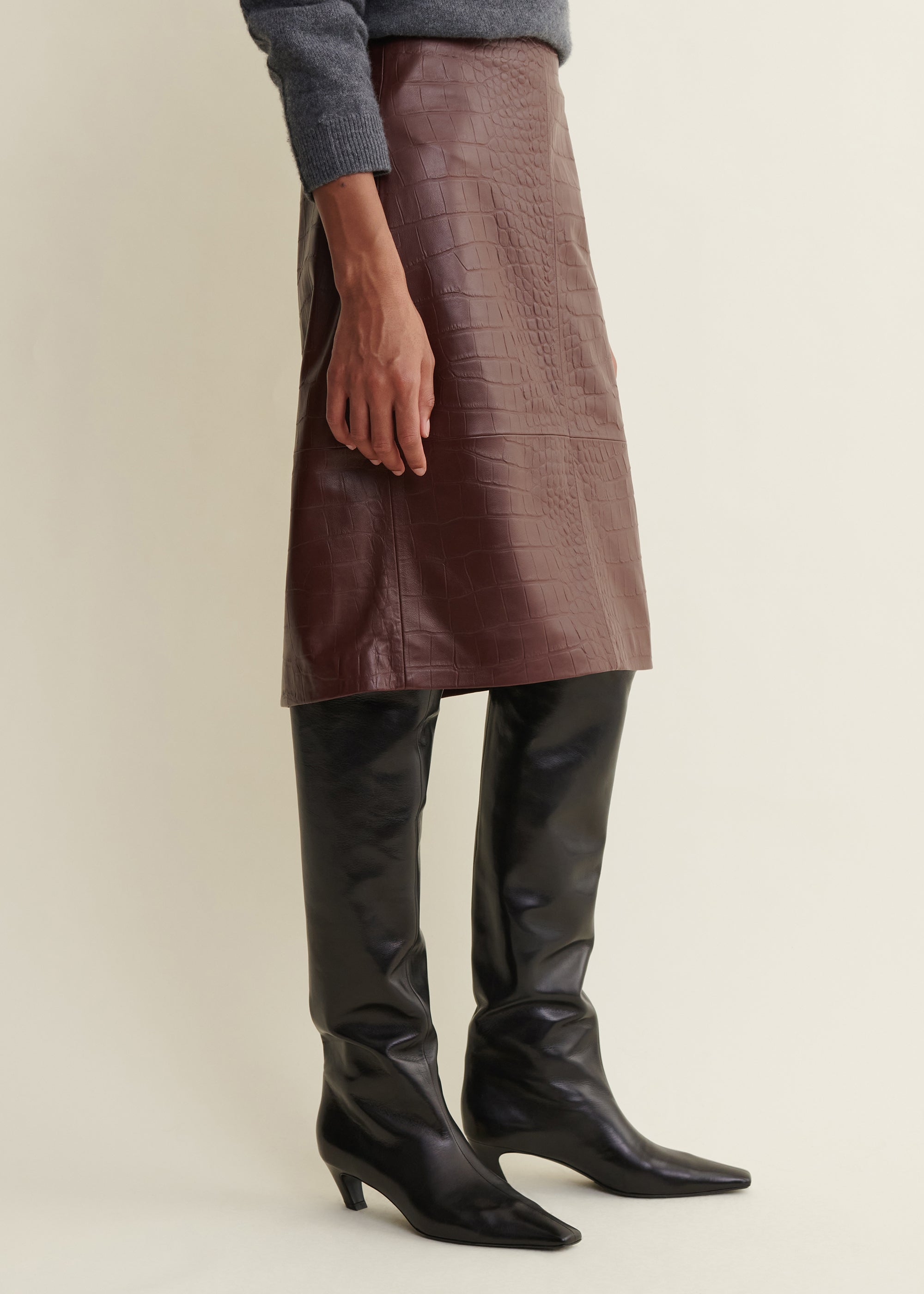 NATHALY | Leather Croco Pencil Skirt | Mahogany