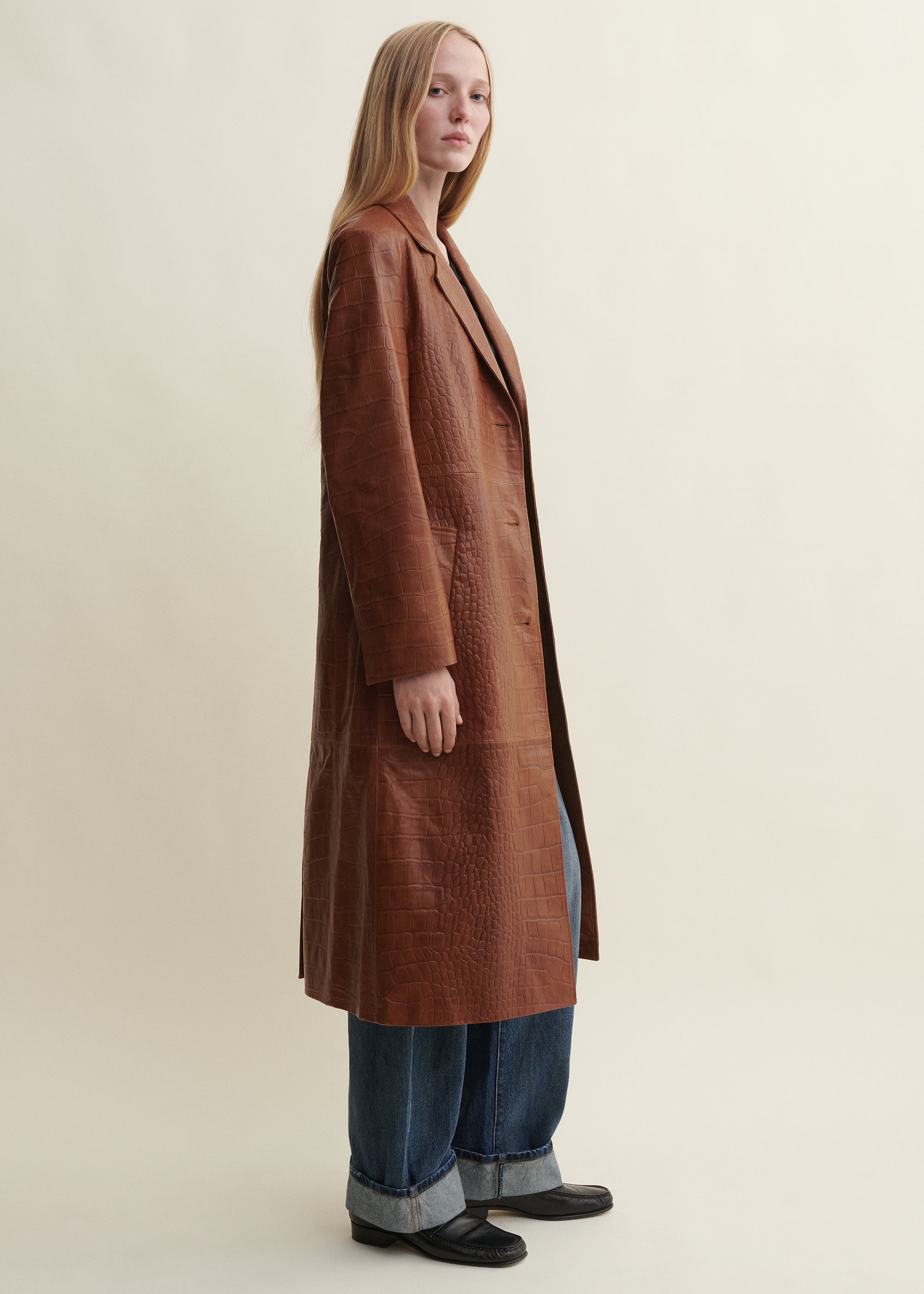 AISA | Long Croco Leather Coat | Camel
