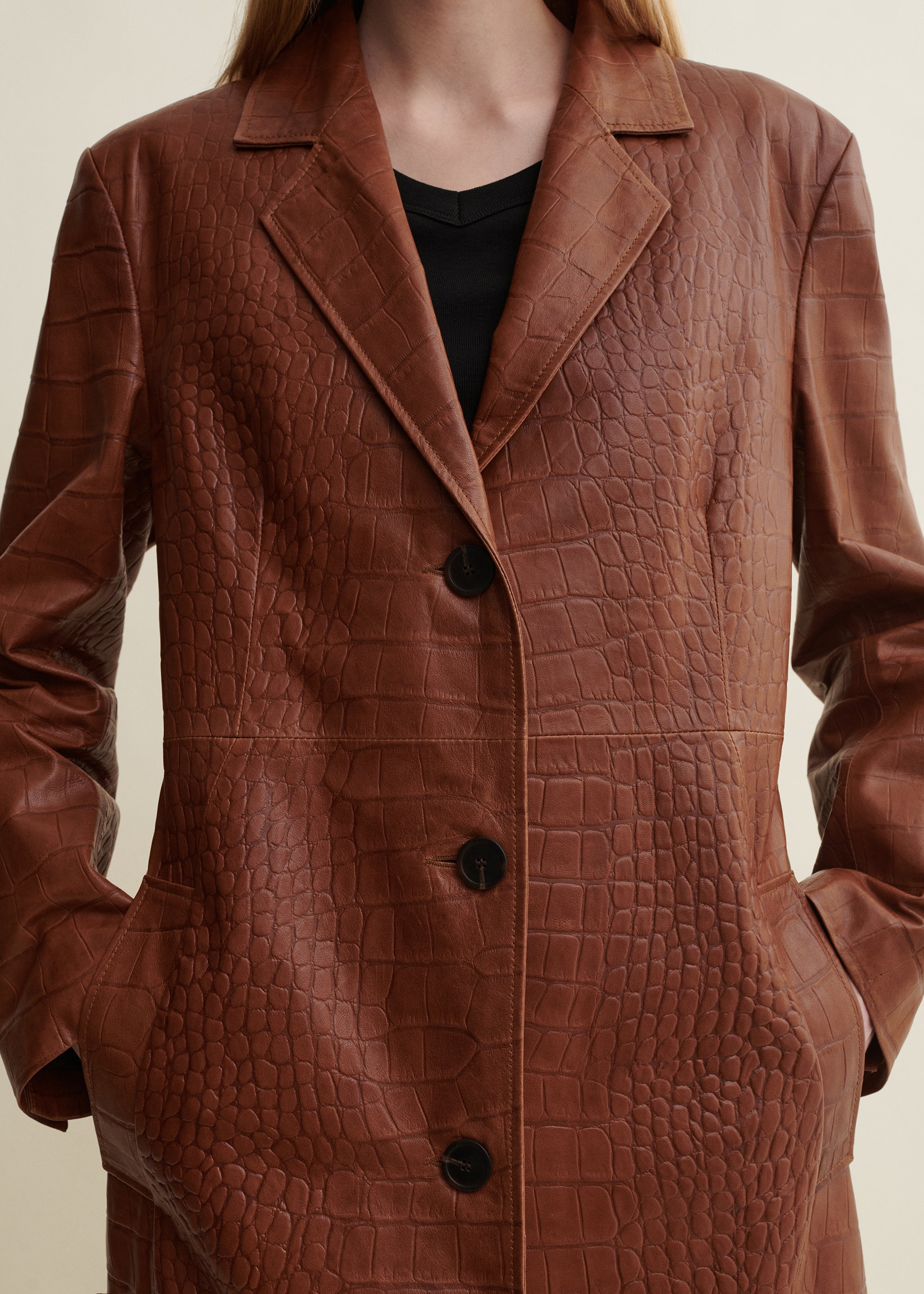 AISA | Long Croco Leather Coat | Camel