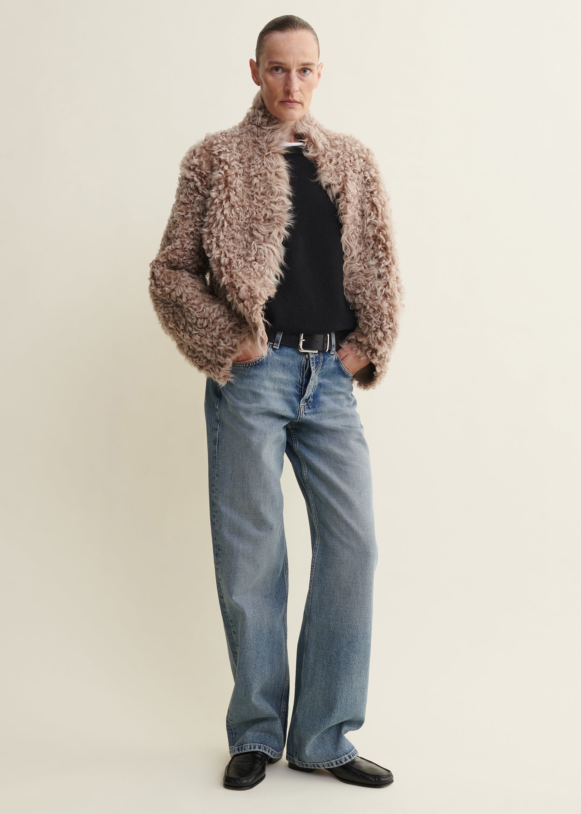 MOONEY | Cropped Curly Shearling Jacket | Camel