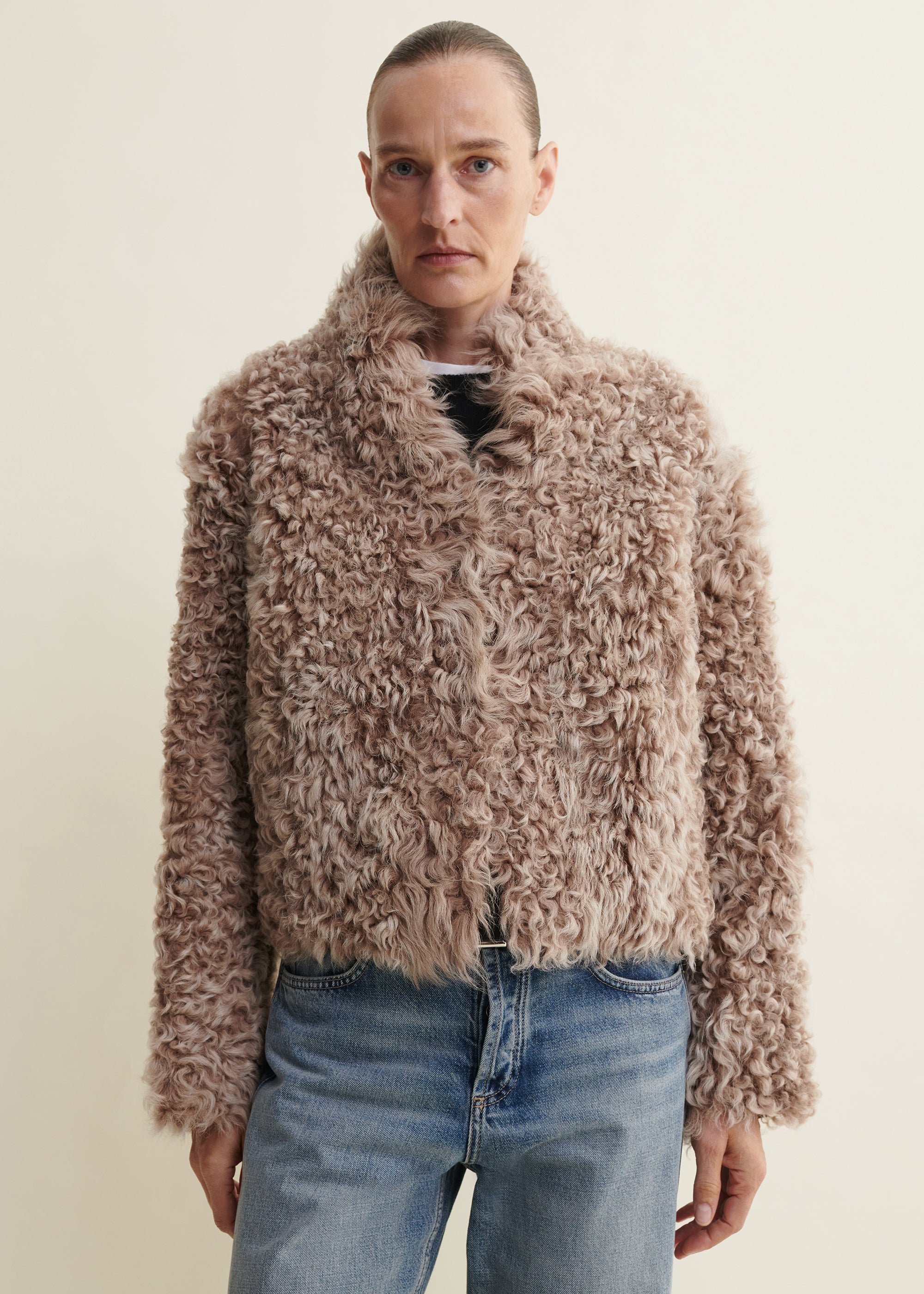 MOONEY | Cropped Curly Shearling Jacket | Camel