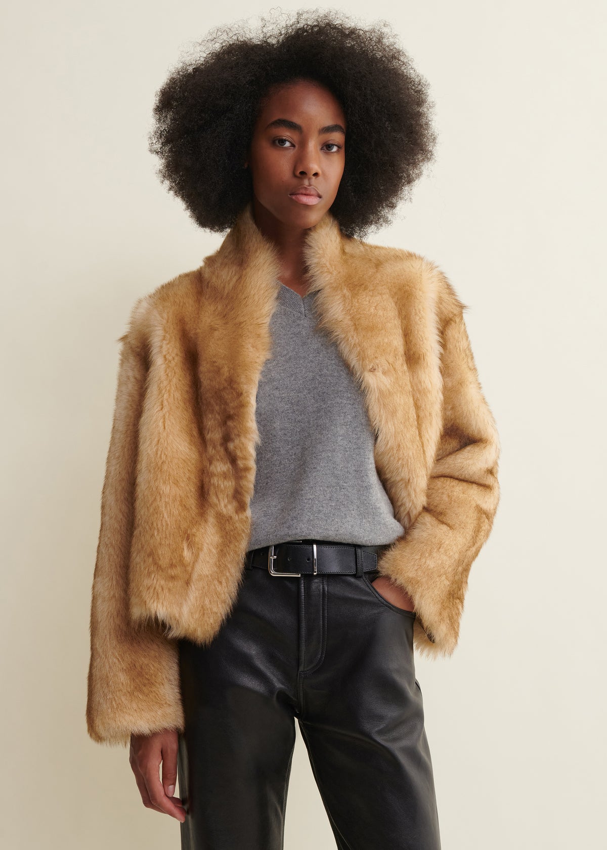 MOONEY | Cropped Shearling Jacket | Dark Beige