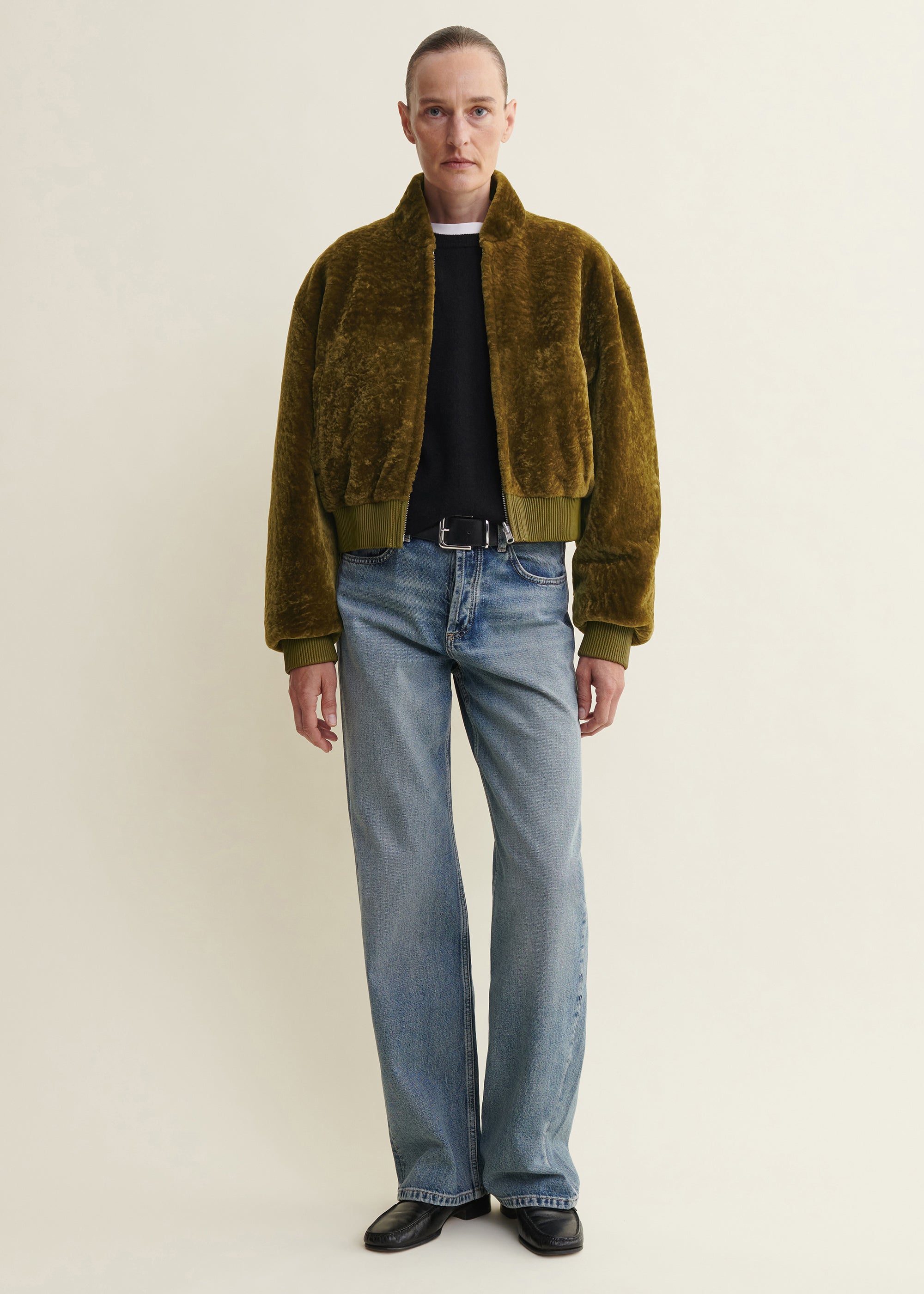 AZRA | Cropped Velvet Shearling Bomber | Dark Olive