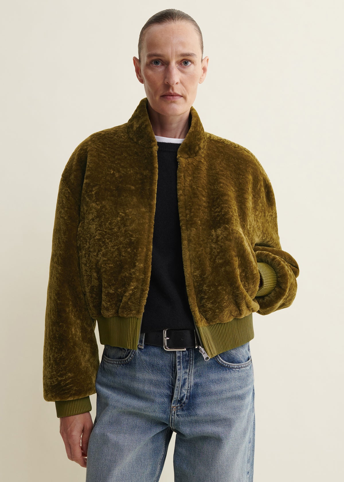 Azra | Reversible Velvet Shearling Jacket | Dark Olive