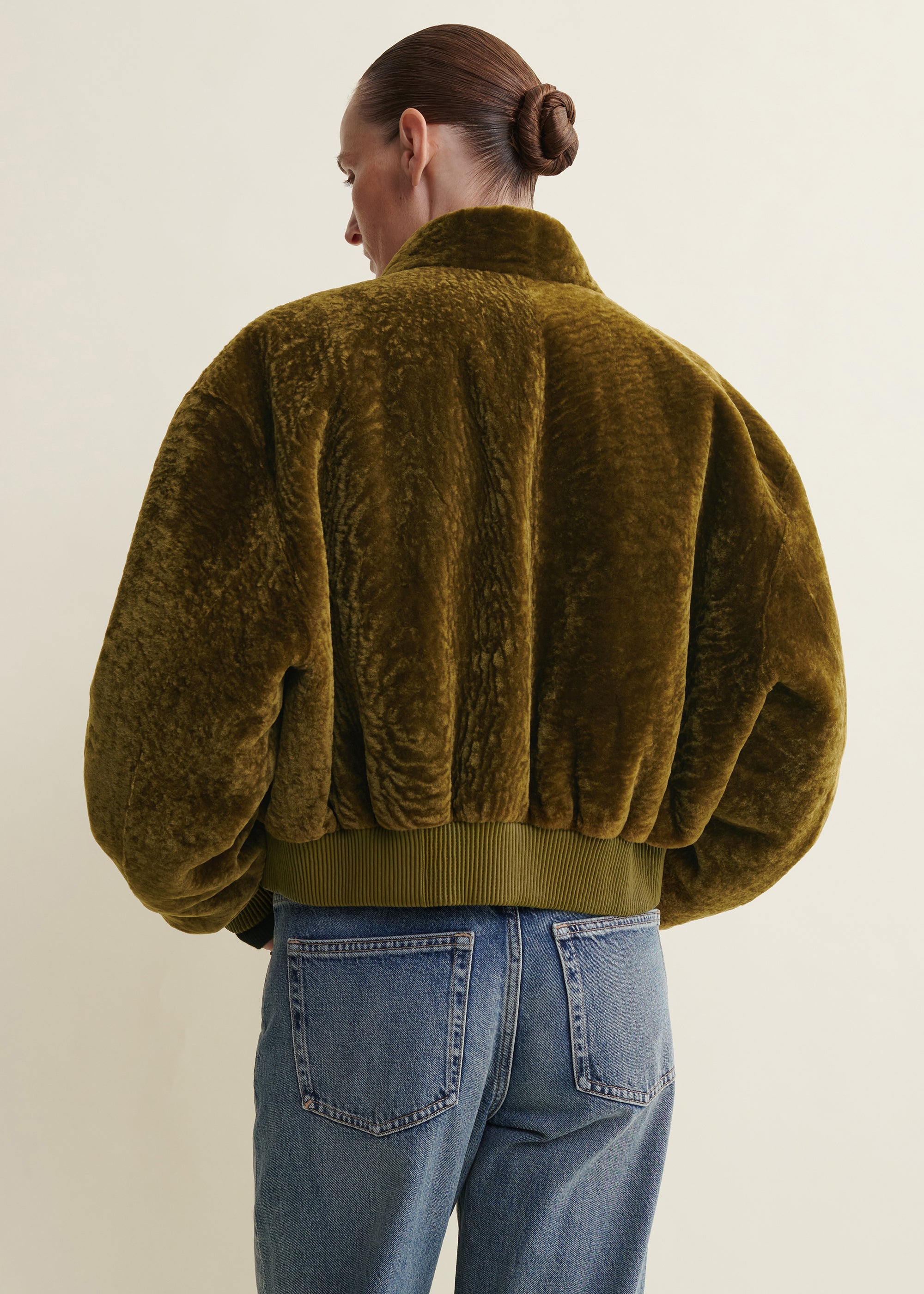 AZRA | Cropped Velvet Shearling Bomber | Dark Olive