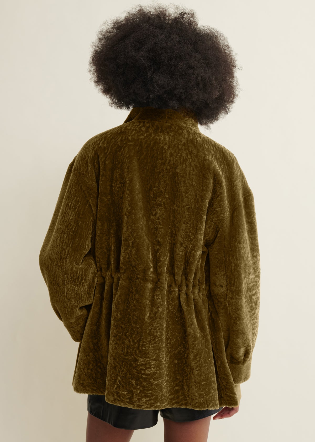 ALIA | Funnel Neck Velvet Shearling Jacket | Dark Olive