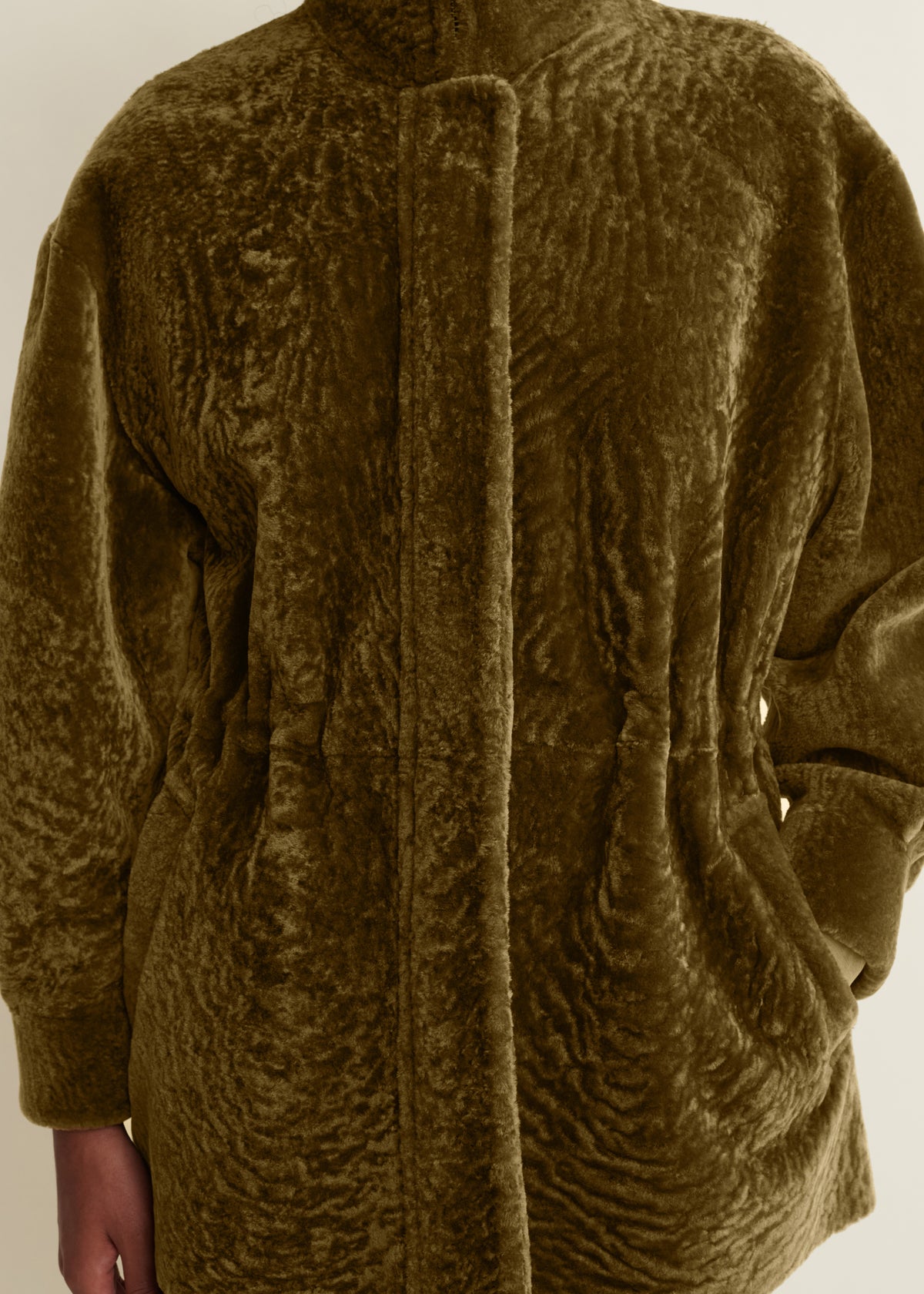 ALIA | Funnel Neck Velvet Shearling Jacket | Dark Olive