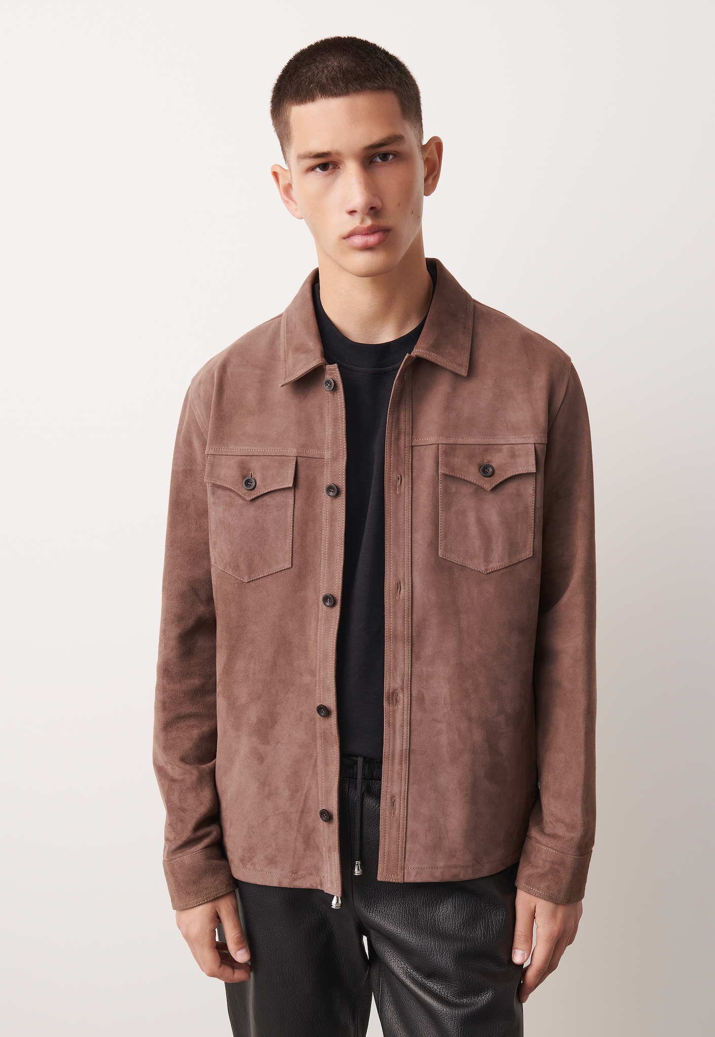 Men brown suede western shirt with flap pockets